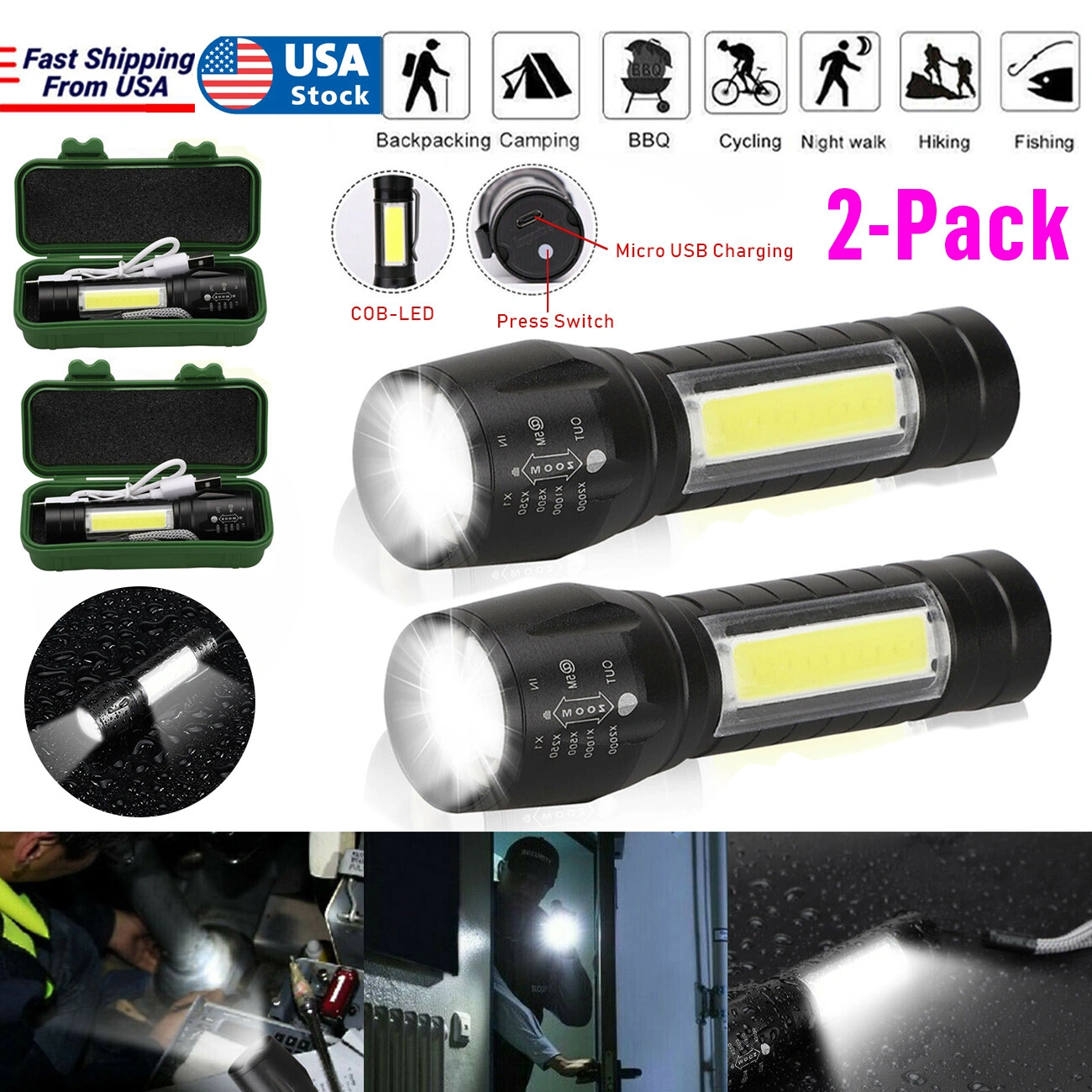 2Pcs Mini Zoomable LED Flashlight USB Rechargeable Camping Hiking Work Light