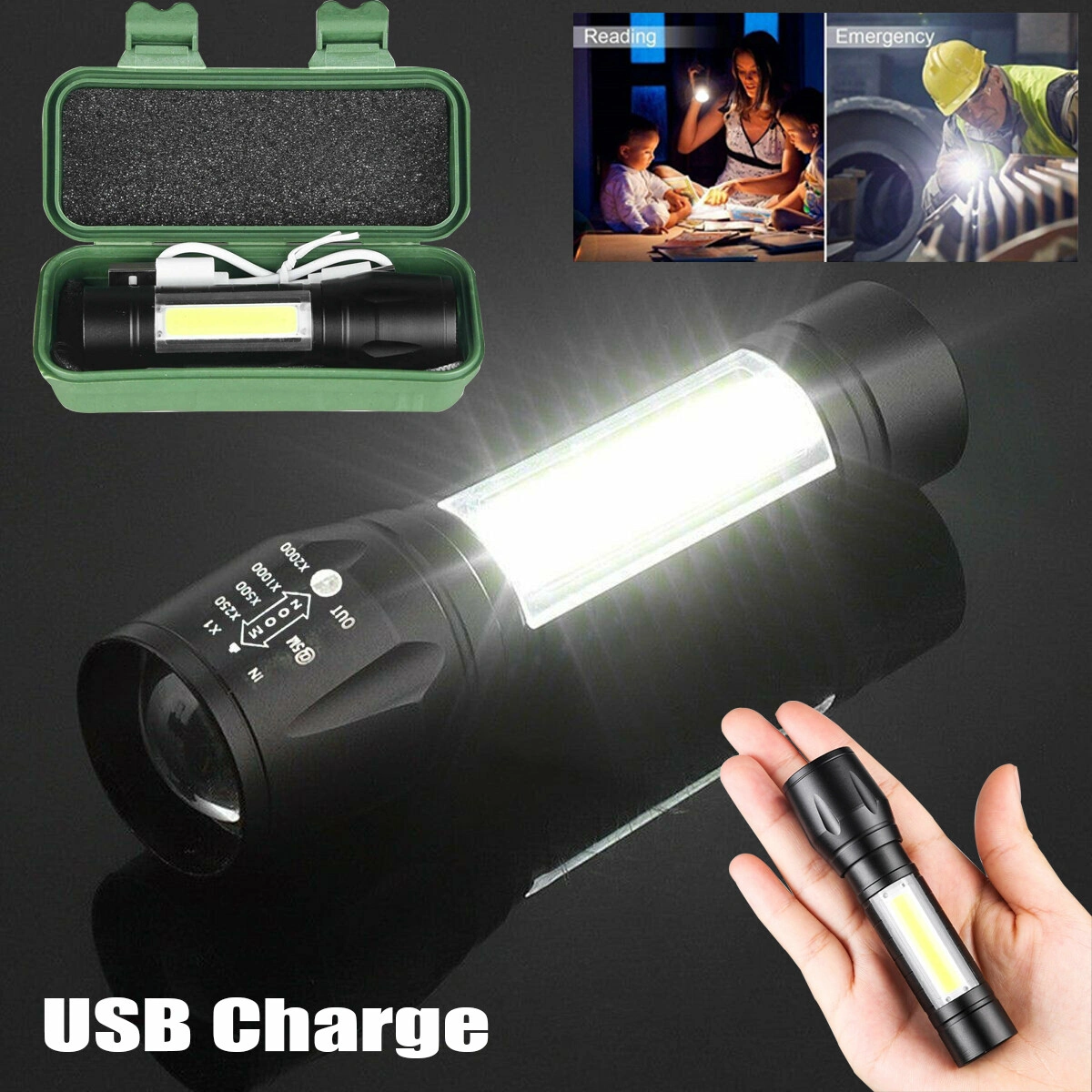 2Pcs Mini Zoomable LED Flashlight USB Rechargeable Camping Hiking Work Light view 7