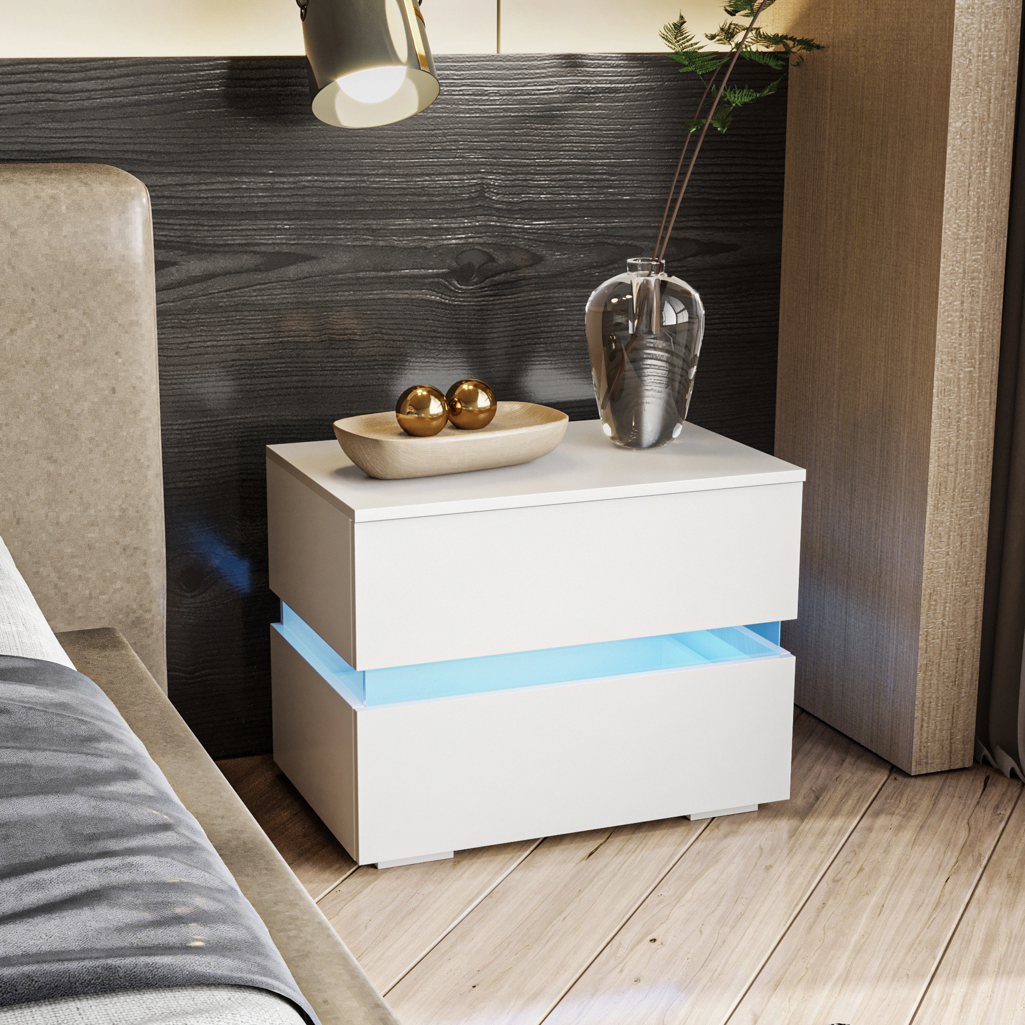RGB LED Double-Sided Cabinet Nightstand, Bedside Table with Color-Changing Lights, White