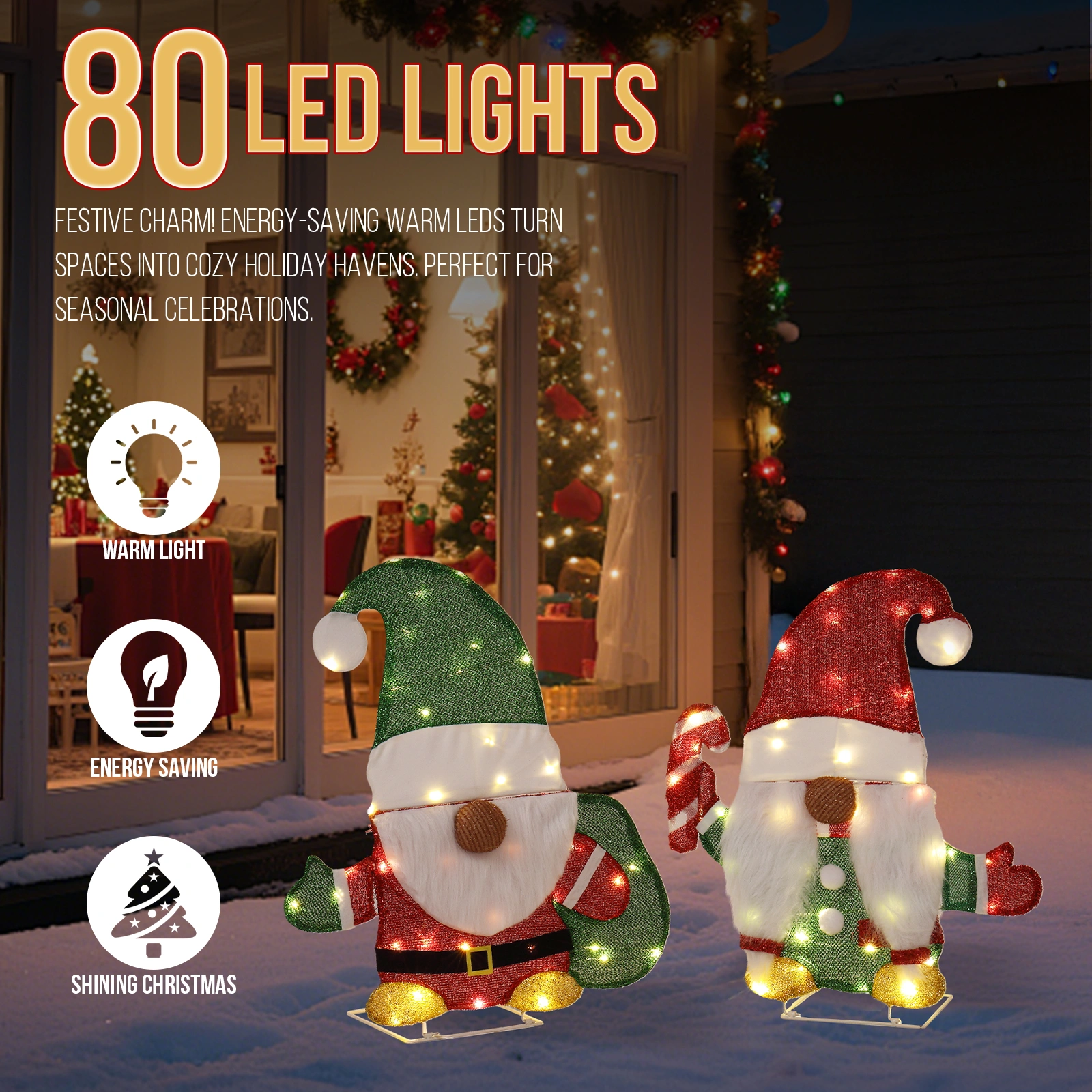 Set of 2 Lighted Gnome & Candy Cane Holiday Decor, Pre-lit with 80 Warm White LED Lights, Indoor Outdoor Xmas Display view 5
