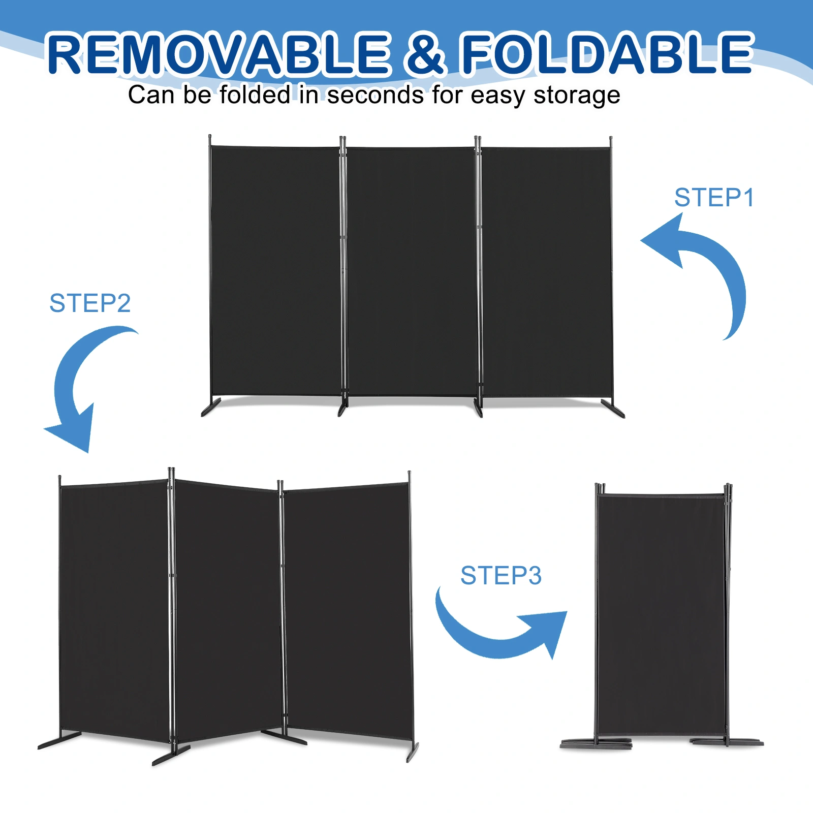 6FT Trifold 130g Polyester Fabric Plastic Foot Carbon Steel Frame Foldable Screen Black view 7