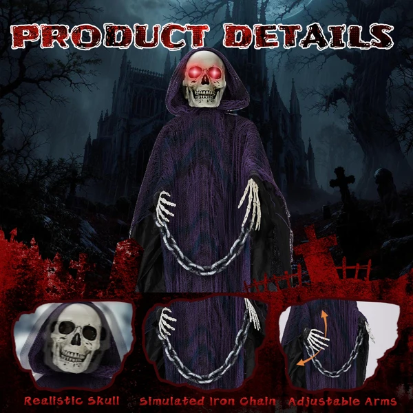 6ft Halloween Decorations Outdoor Life Size Animatronics Grim Reaper with Chain, Sound-Actived Party Decor with Creepy Sound, Scary Haunted House Props for Garden Yard Lawn view 5