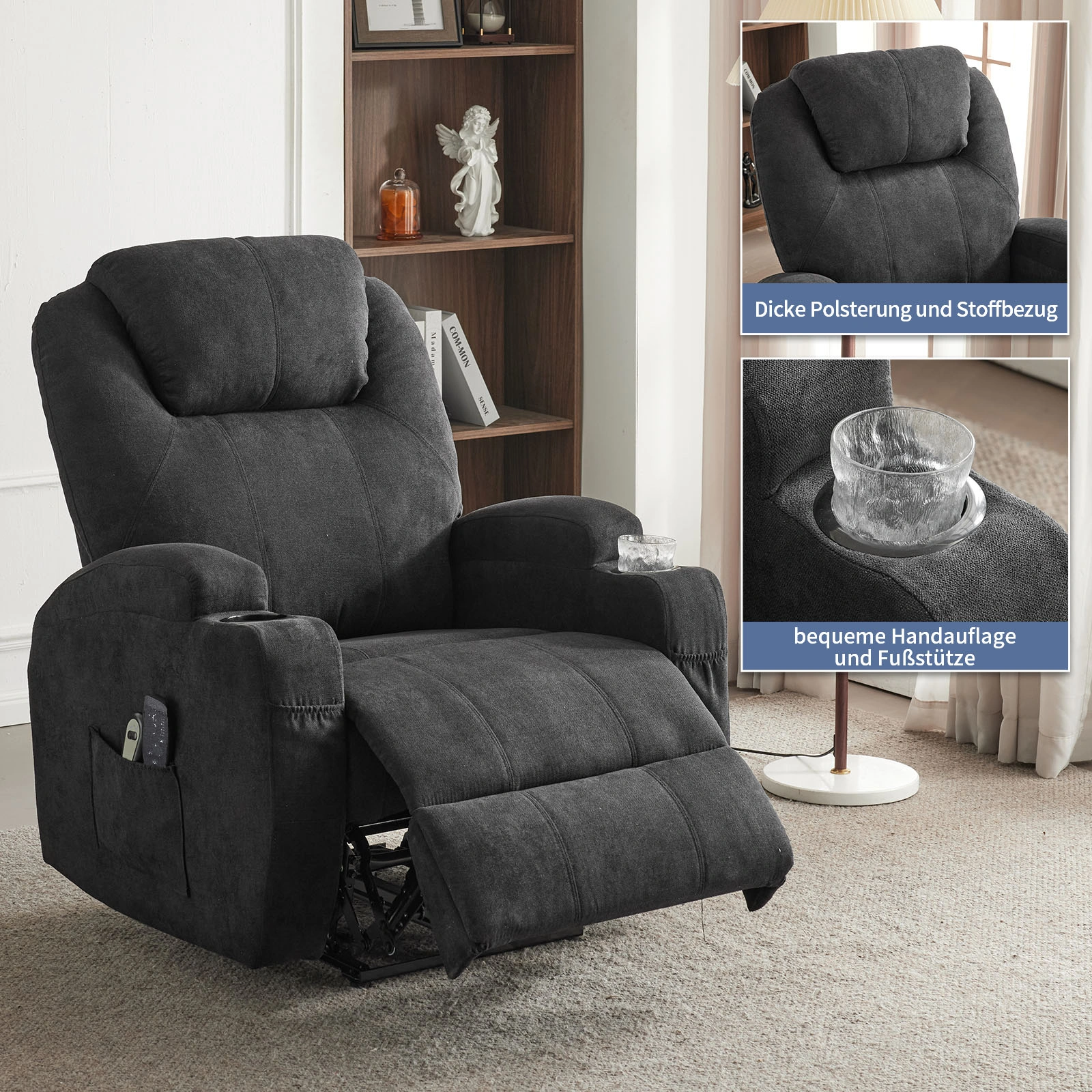 1pc Black Fabric Electric Flat Functional Chair with 2-Point Massage Belt & Heating, 120kg Weight Capacity, Indoor Lift Recliner