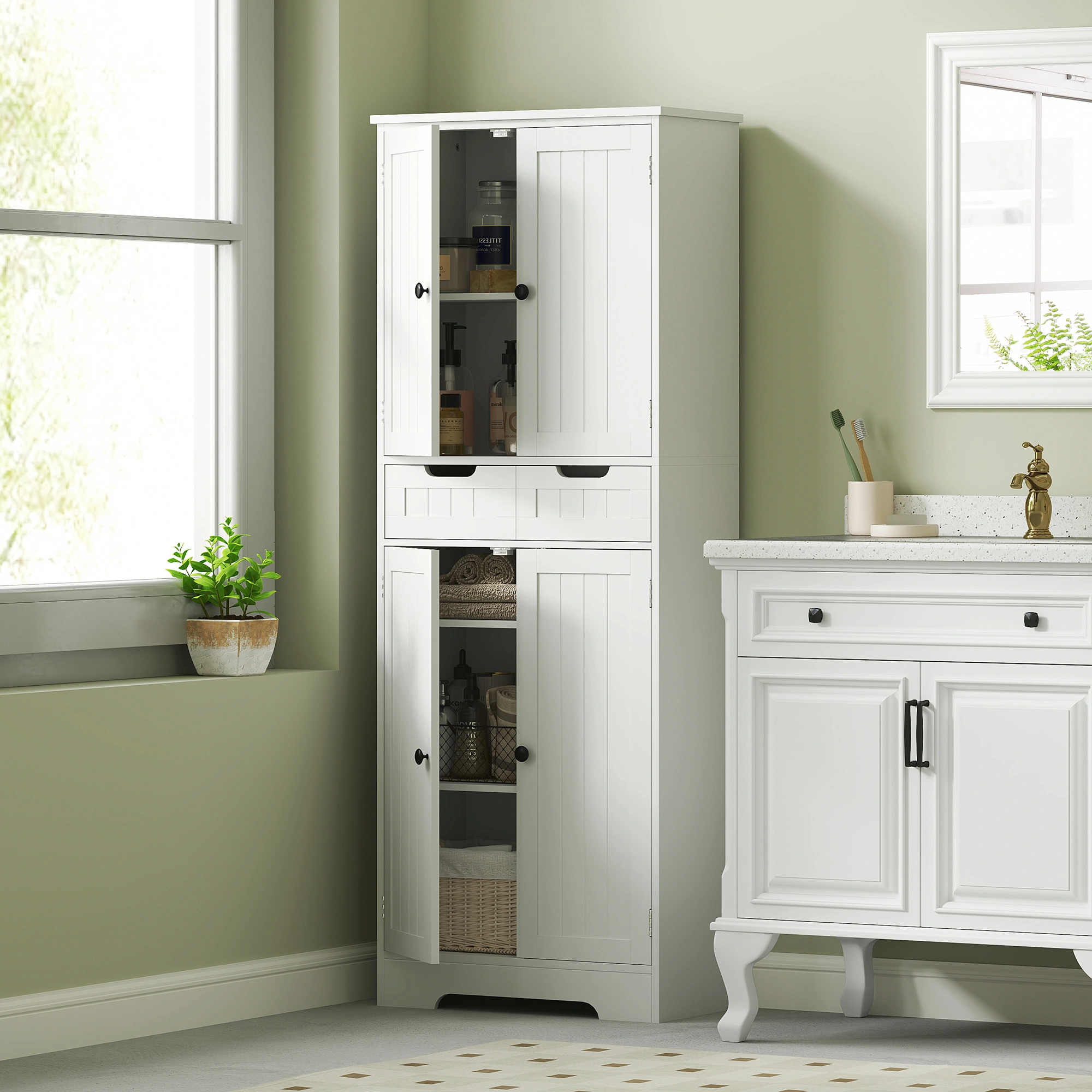 White Bathroom Storage Cabinet with Doors, Freestanding Vanity Organizer for Small Spaces view 2