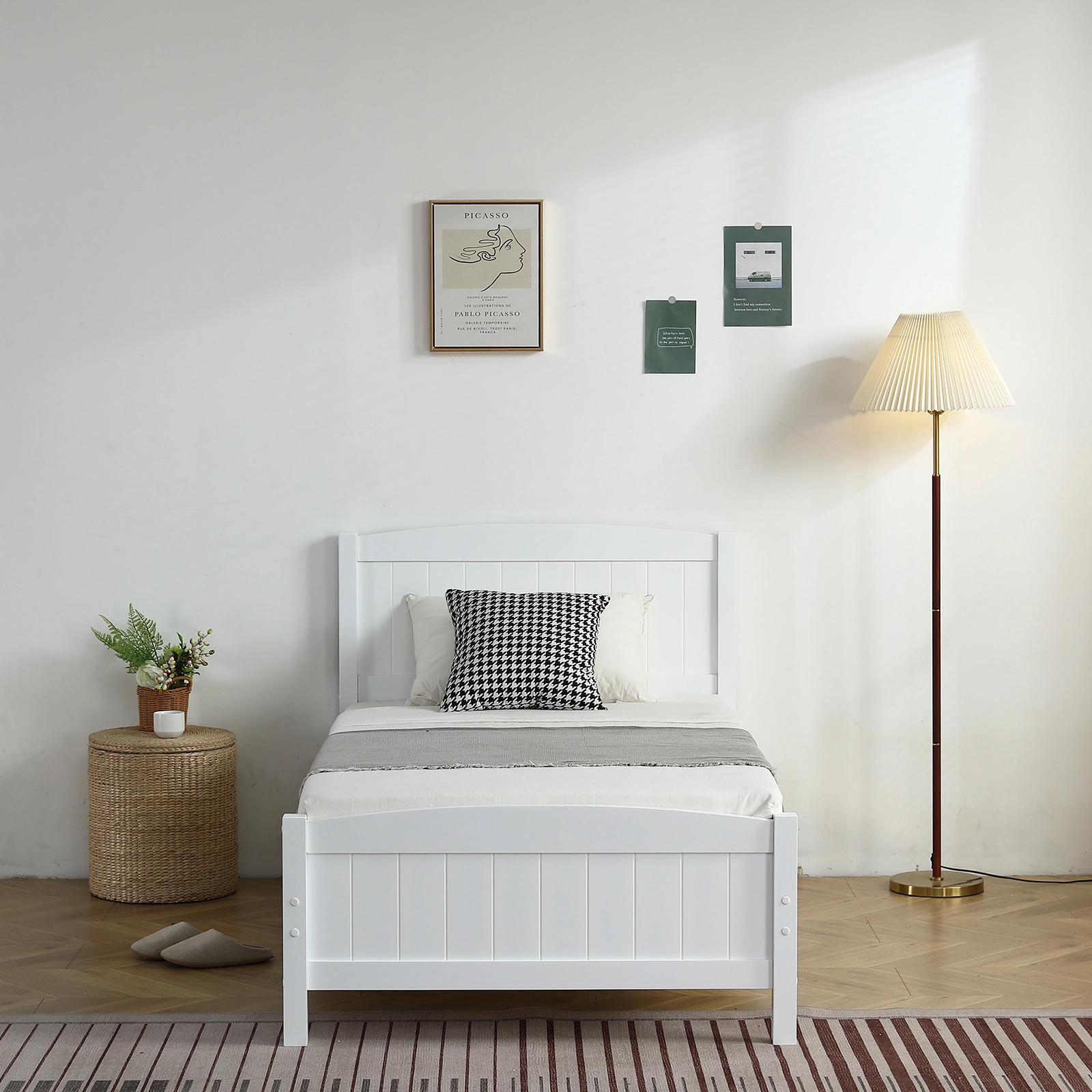 FCH Twin Pine Single-Layer Core Vertical Stripe Full-Board Curved Bed Head With The Same Bed Foot White Wooden Bed view 10