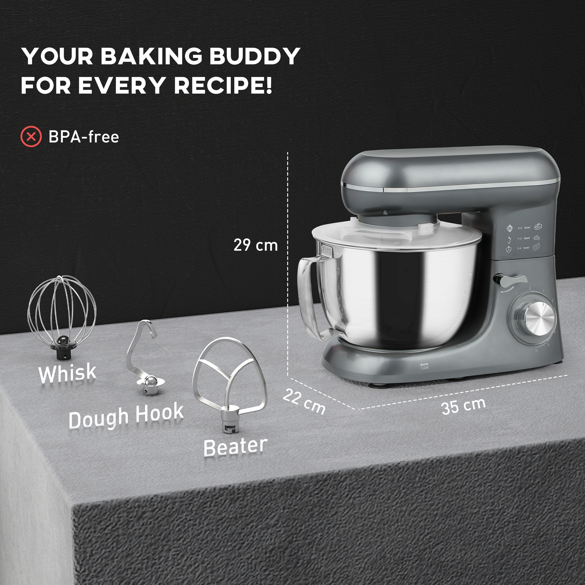 Kitchen Stand Mixer 5 Qt, Heavy-Duty Planetary Mixing Action, 10 Speed Settings, Includes Dough Hook, Flat Beater & Wire Whip, Black view 2