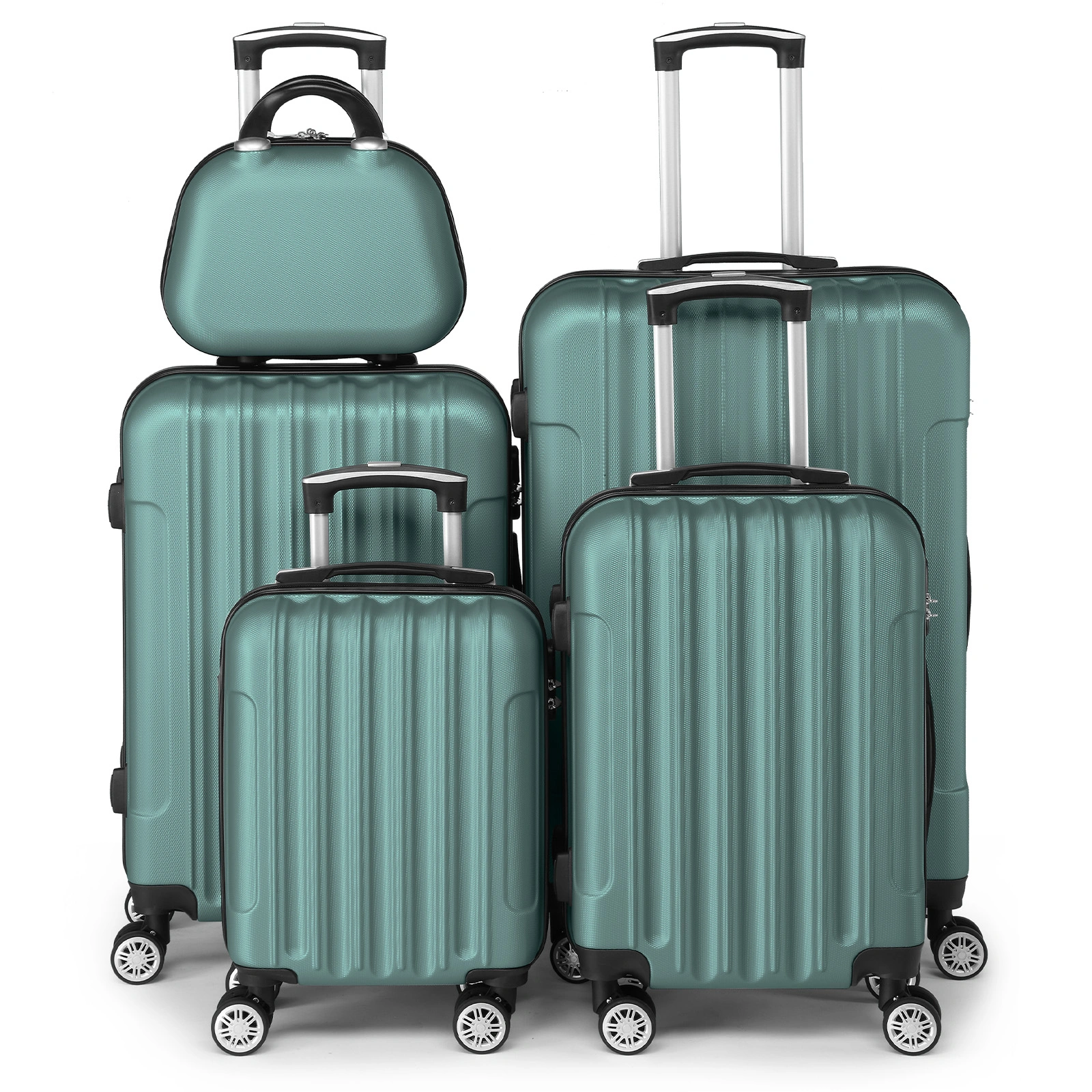5 Piece Hard Shell Suitcase Set Green, ABS Travel Luggage with Cosmetic Vanity Case, Spinner Bags for Trip