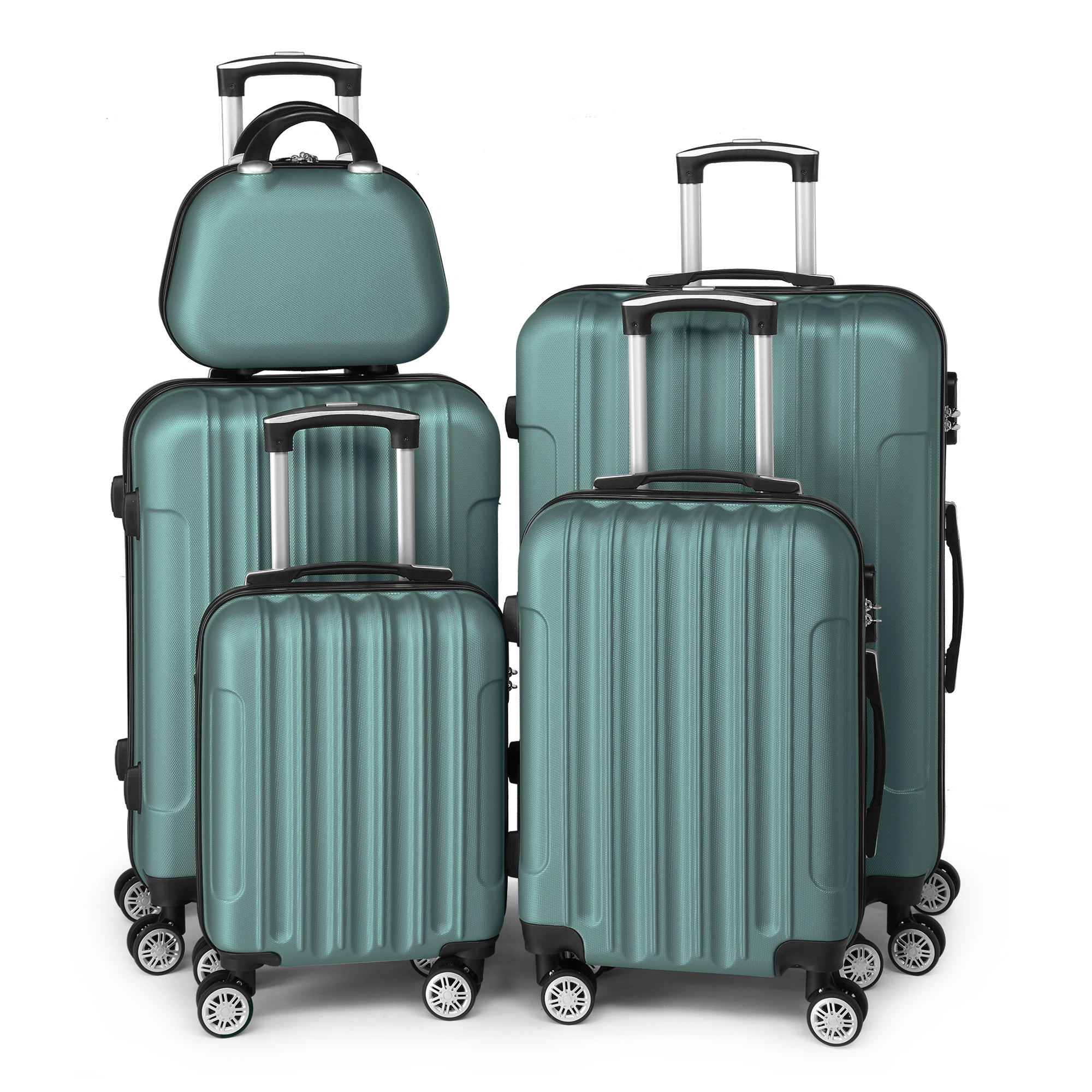 5 Piece Hard Shell Suitcase Set Green, ABS Travel Luggage with Cosmetic Vanity Case, Spinner Bags for Trip view 3