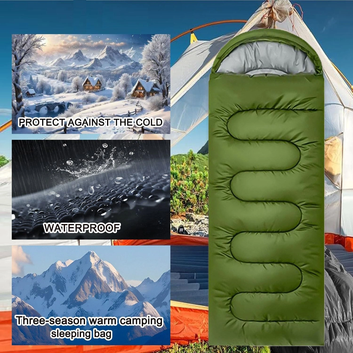 4 Season Single Sleeping Bag Waterproof Outdoor Camping Hiking Envelope Zip Bags-green