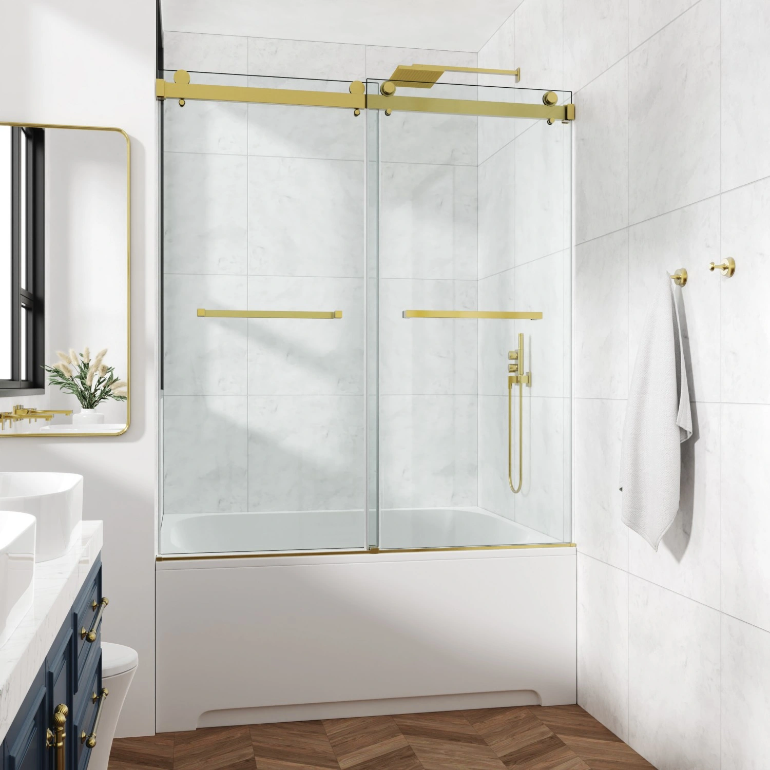 60x76 Inch Frameless Double Sliding Shower Door - 3/8" (10mm) SGCC Tempered Glass, Clear, Stainless Steel Finish