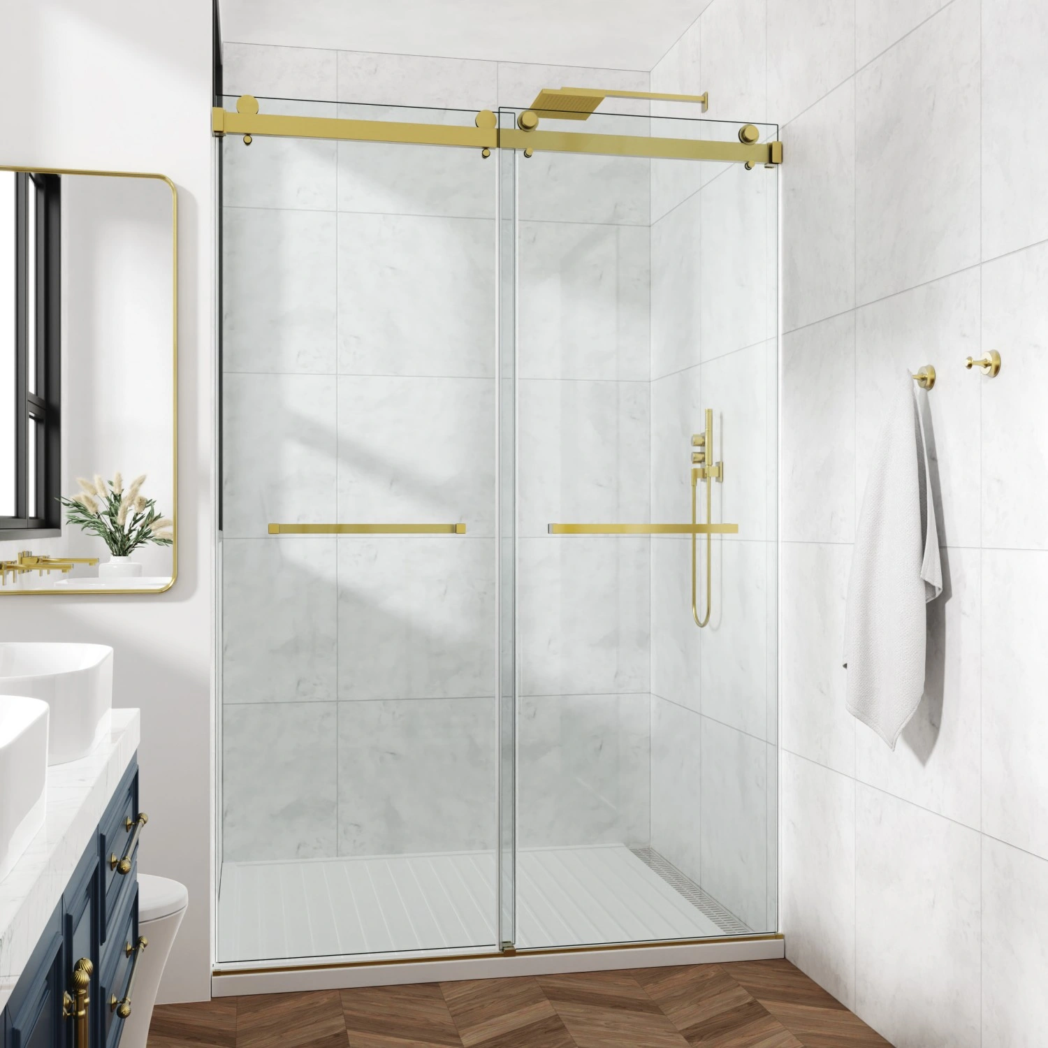 60x76 Inch Frameless Double Sliding Shower Door - 3/8" (10mm) SGCC Tempered Glass, Clear, Stainless Steel Finish view 2