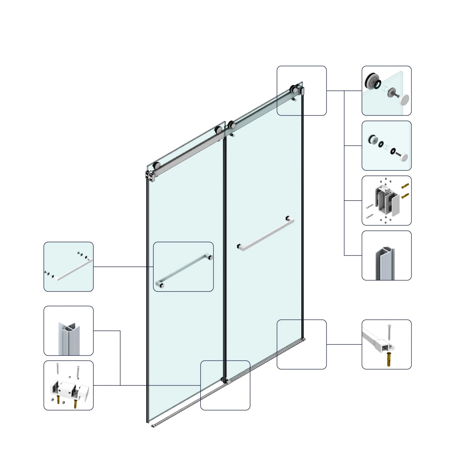 60x76 Inch Frameless Double Sliding Shower Door - 3/8" (10mm) SGCC Tempered Glass, Clear, Stainless Steel Finish view 8