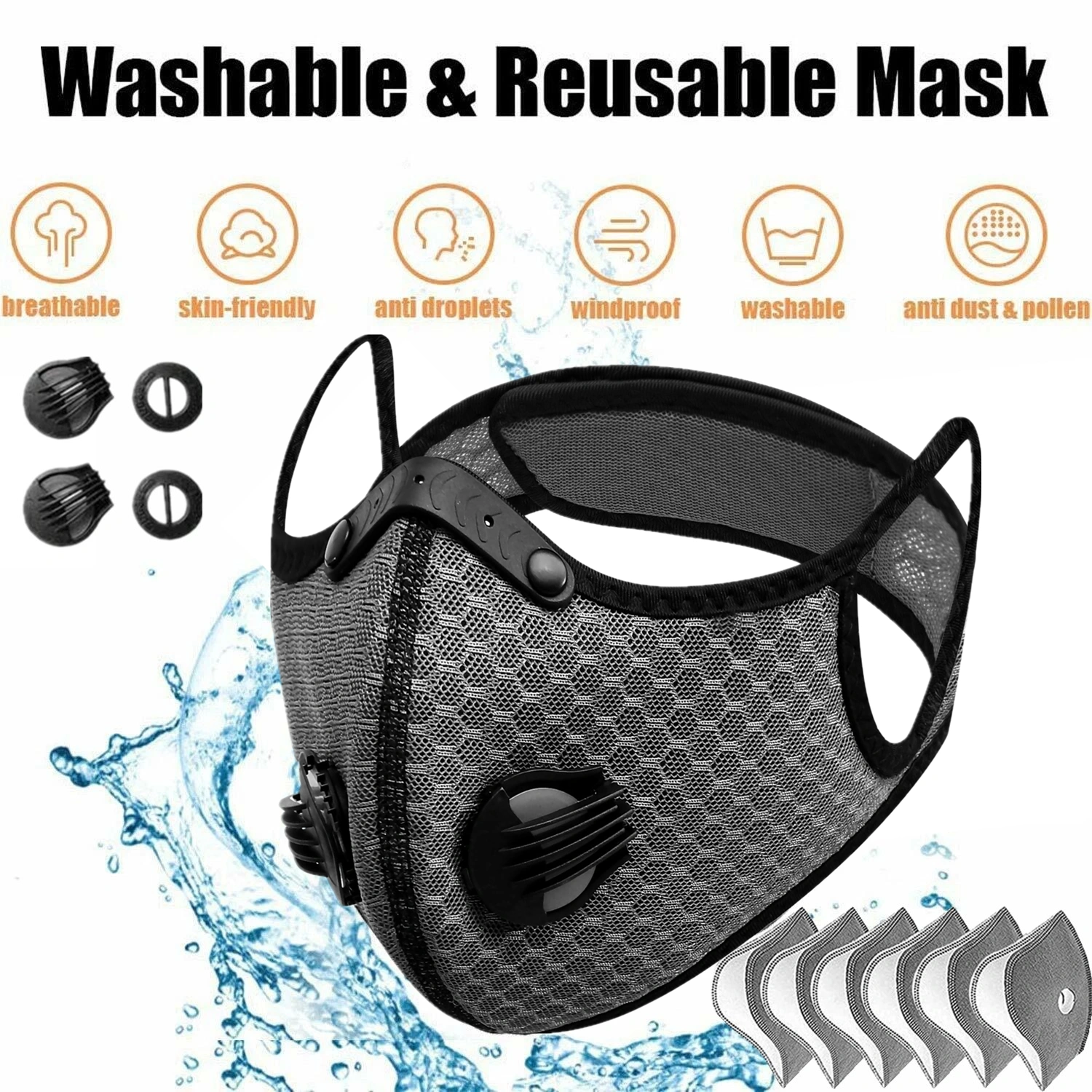 (2 Pack)Reusable Half Face Cover Mask w/ Filter Cycling Outdoor Sport Face Mask Grey view 10