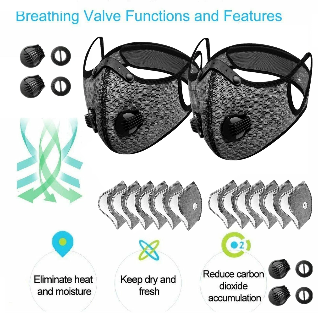 (2 Pack)Reusable Half Face Cover Mask w/ Filter Cycling Outdoor Sport Face Mask Grey view 2