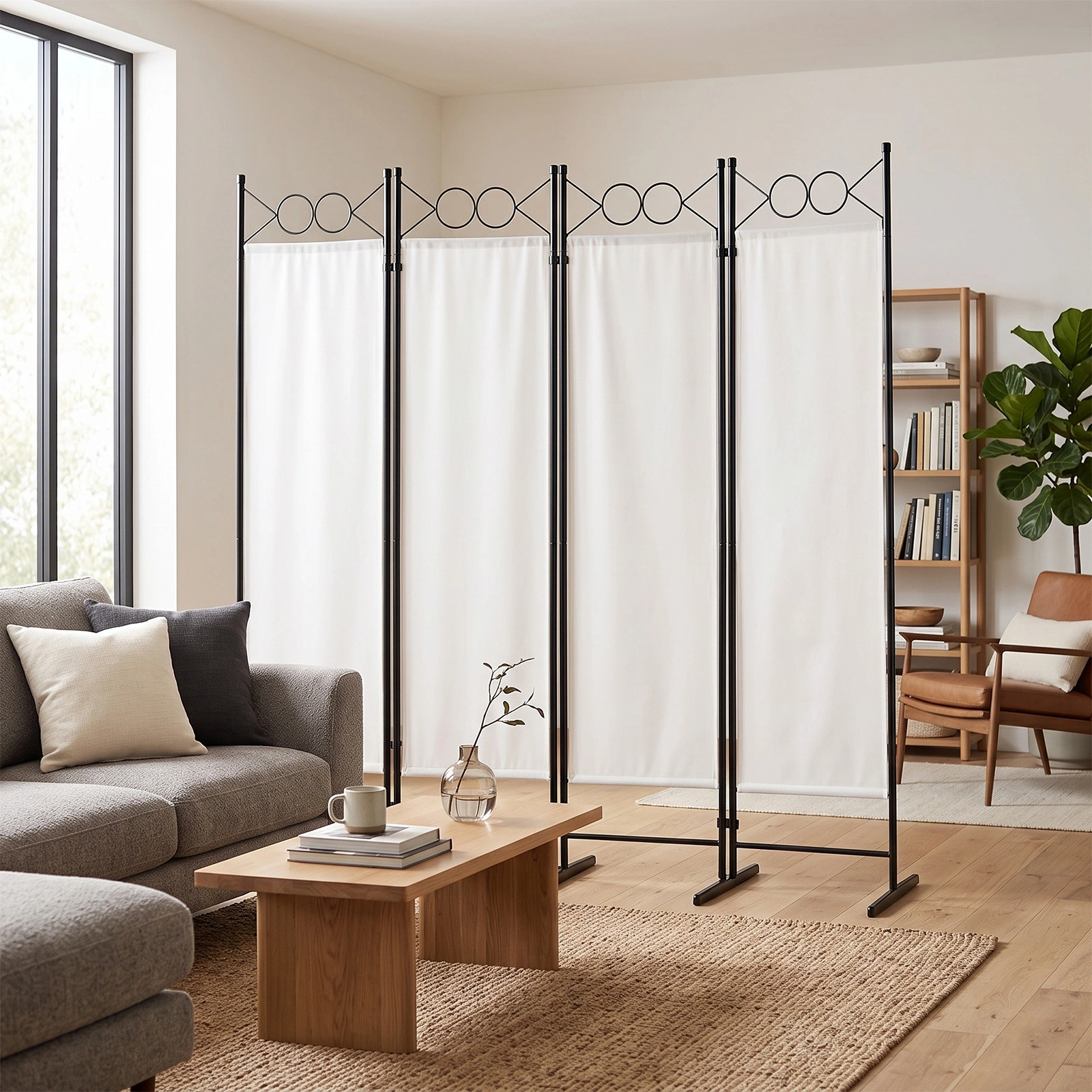 4-Fold Foldable Screen Plastic Feet 160g Polyester Fabric Carbon Steel Frame 6FT Off-White