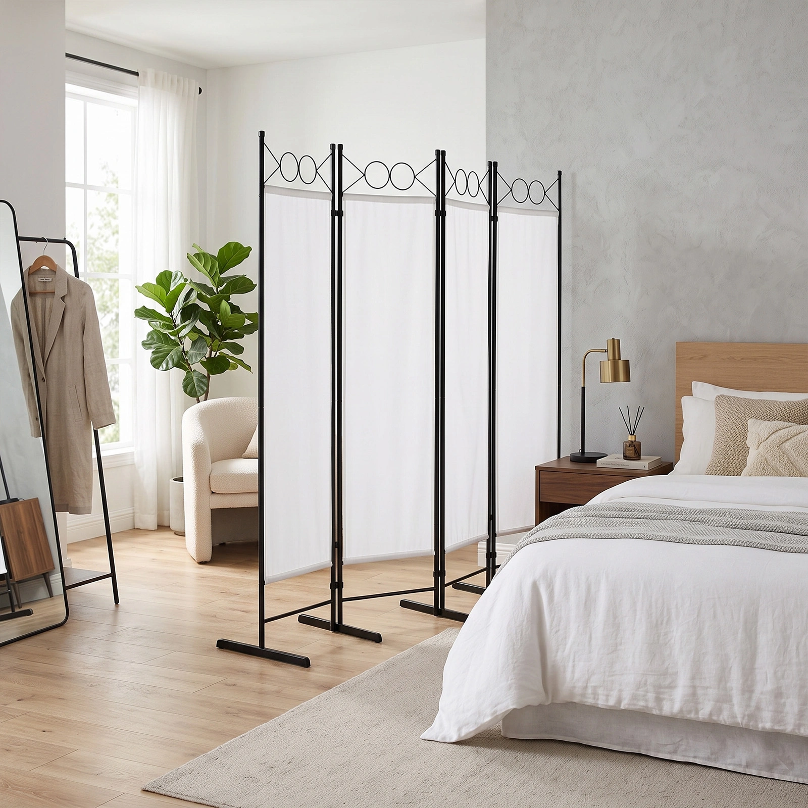 4-Fold Foldable Screen Plastic Feet 160g Polyester Fabric Carbon Steel Frame 6FT Off-White view 10