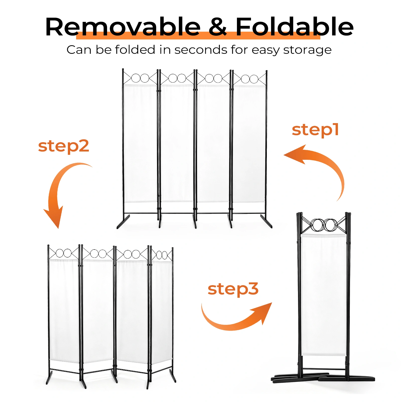 4-Fold Foldable Screen Plastic Feet 160g Polyester Fabric Carbon Steel Frame 6FT Off-White view 7
