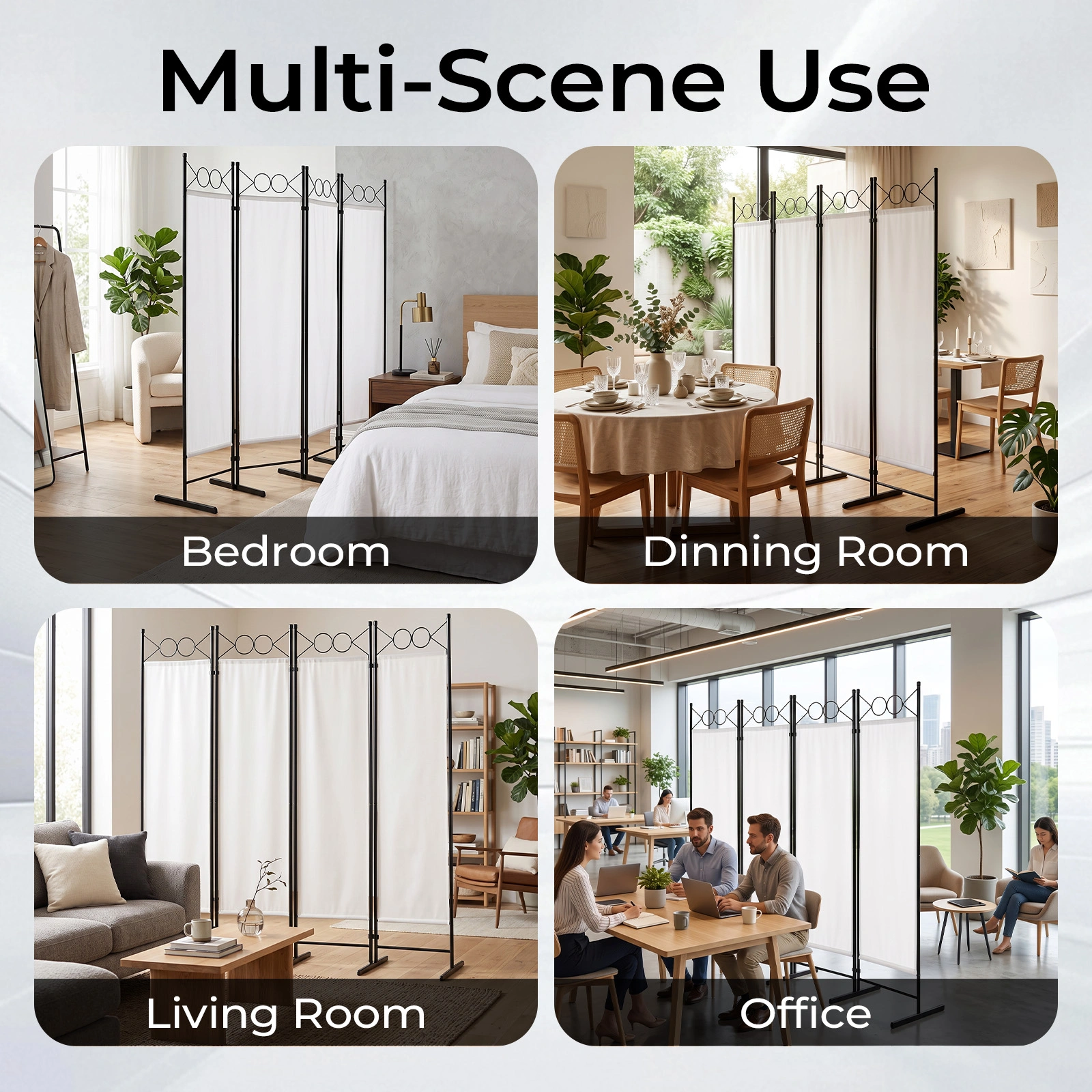 4-Fold Foldable Screen Plastic Feet 160g Polyester Fabric Carbon Steel Frame 6FT Off-White view 9