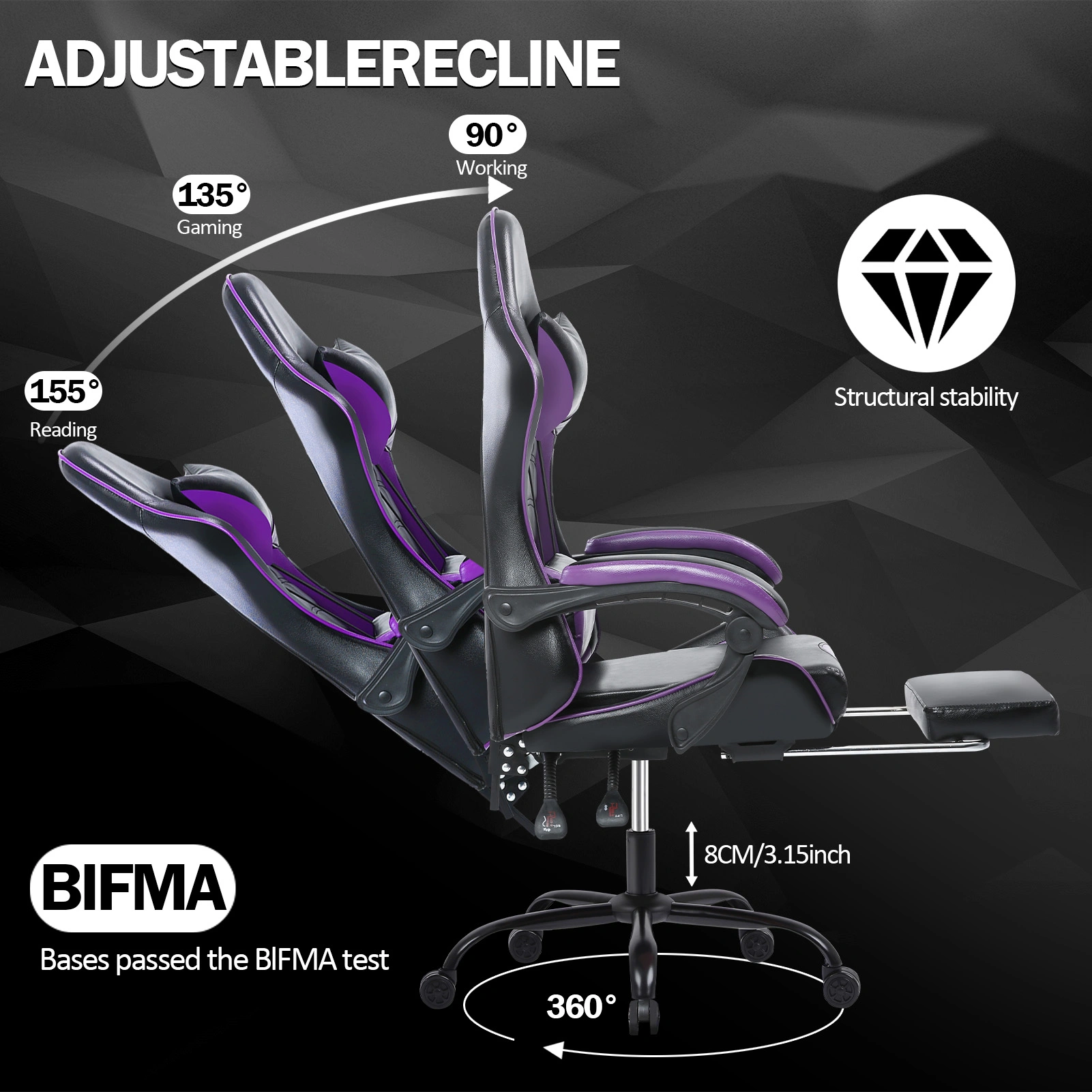 Big and Tall Gaming Chair with Footrest, Ergonomic PU Leather Office Chair, Adjustable Reclining Desk Chair 360° Swivel with Wheels, for Adults, Purple view 3