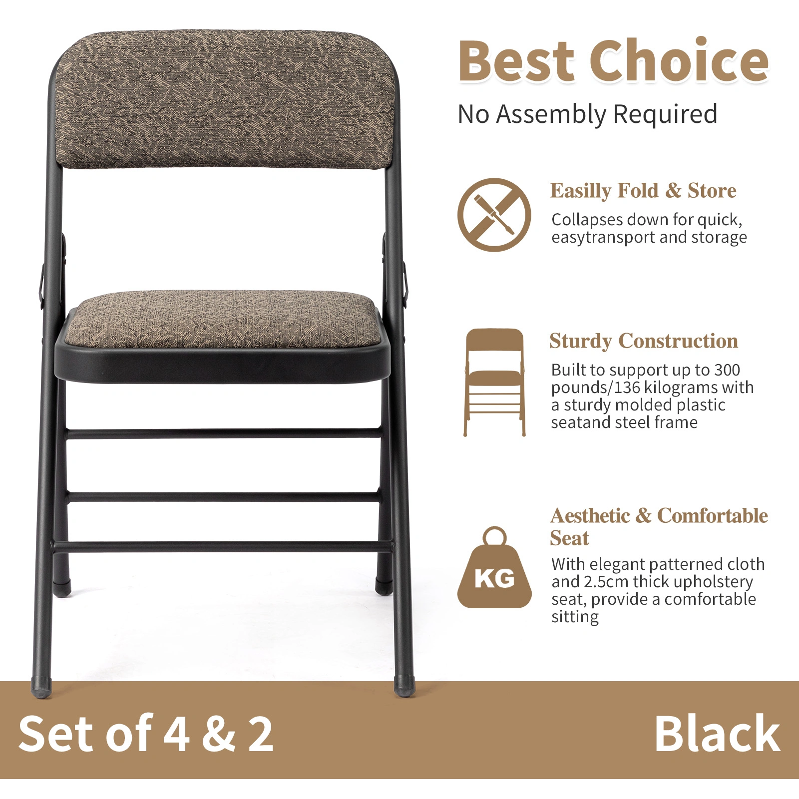 4 Pcs Folding Chairs Black Patterned Fabric Upholstered Event Chair 18.1x18.9x29.9 Inch Padded Matte Steel Frame view 3