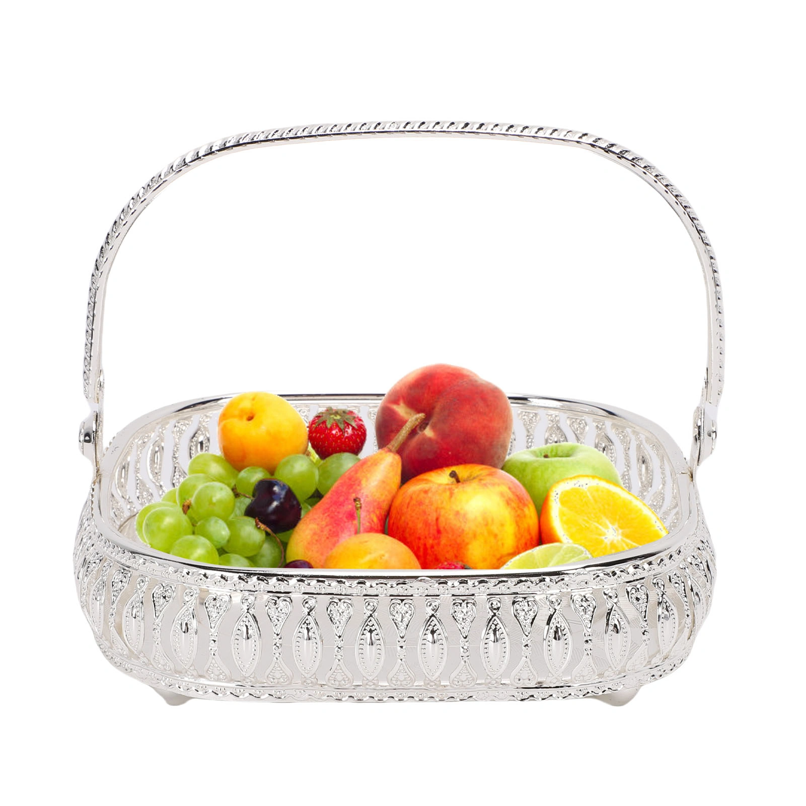 Metal Fruit Serving Bowl with Handle, Stainless Steel Kitchen Tray Plate, Dining Table Storage Container & Centerpiece Decor