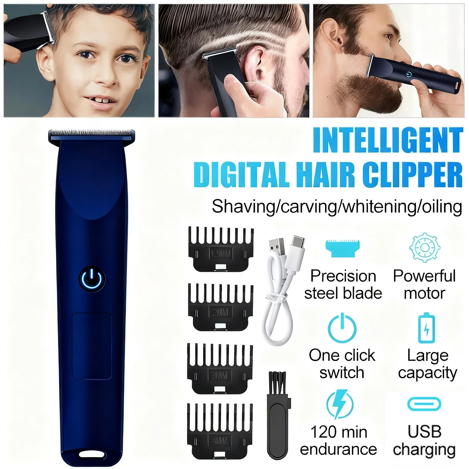 Men Electric Hair Clippers Pro Rechargeable Cordless Barber Trimmer & Beard Cutter, Blue view 4