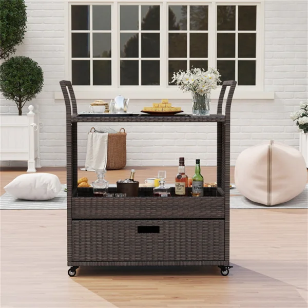 Handwoven PE Rattan Outdoor Bar Cart with Tempered Glass Top & Drawer, 4 Wheels with Brakes Serving Cart for Patio view 5