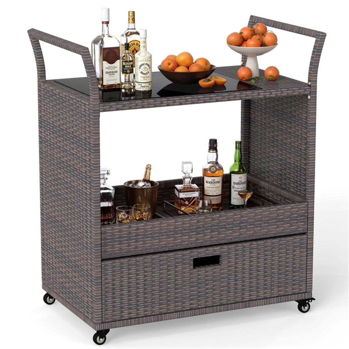 Handwoven PE Rattan Outdoor Bar Cart with Tempered Glass Top & Drawer, 4 Wheels with Brakes Serving Cart for Patio