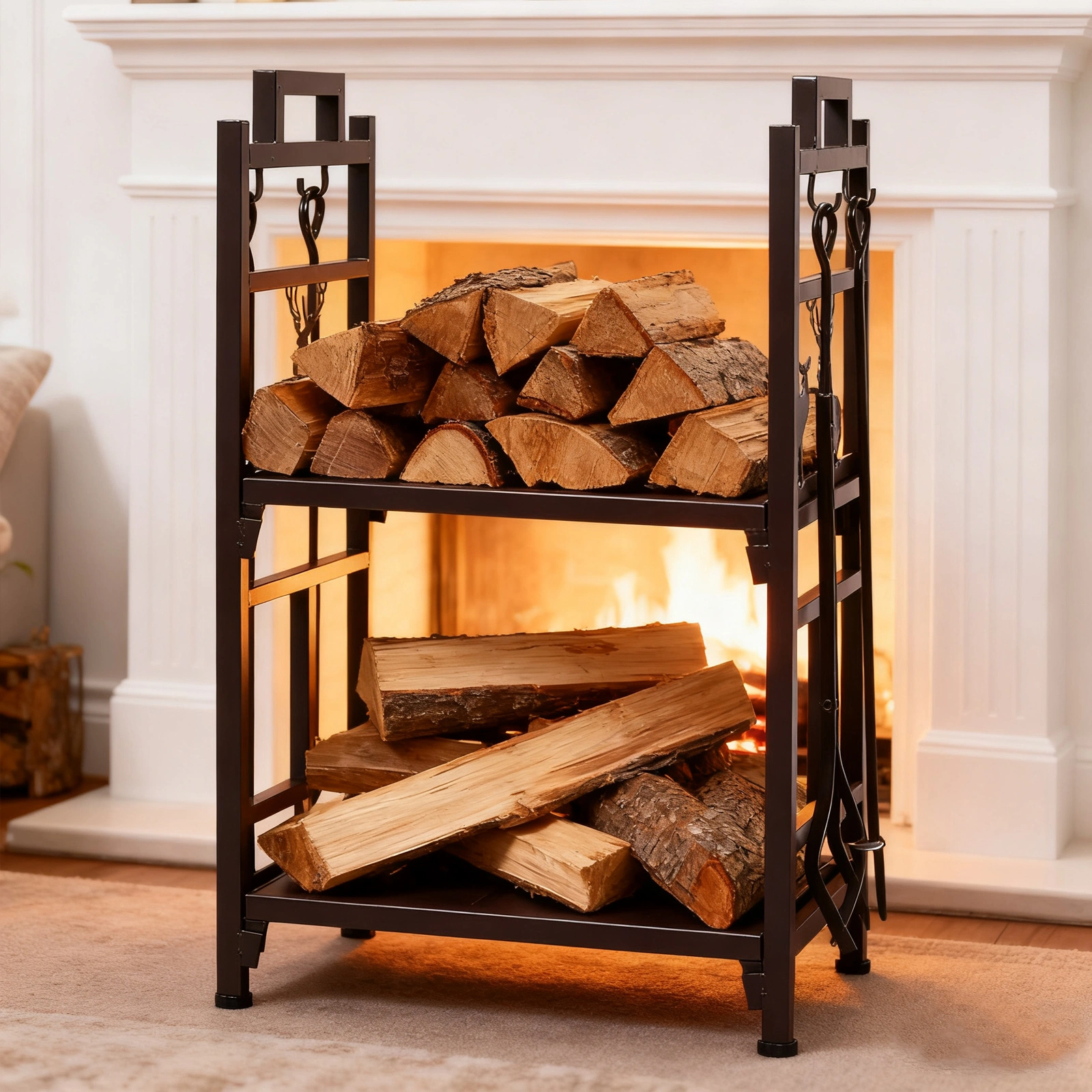 Double Layer Firewood Holder With Animal Pattern And Tools, Brown view 11