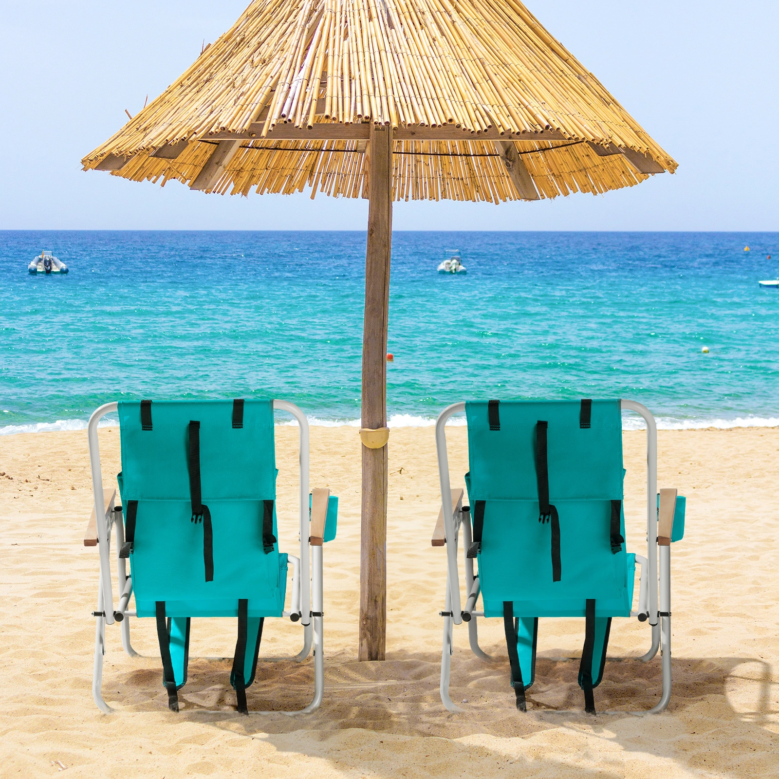 Folding Beach Chair Set of 2 for Adults, 4 Position Portable Backpack Foldable Camping Chair with Headrest Cup Holder and Wooden Armrests, Green view 10