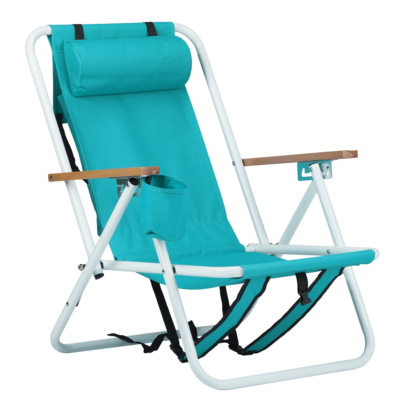 Folding Beach Chair Set of 2 for Adults, 4 Position Portable Backpack Foldable Camping Chair with Headrest Cup Holder and Wooden Armrests, Green view 16