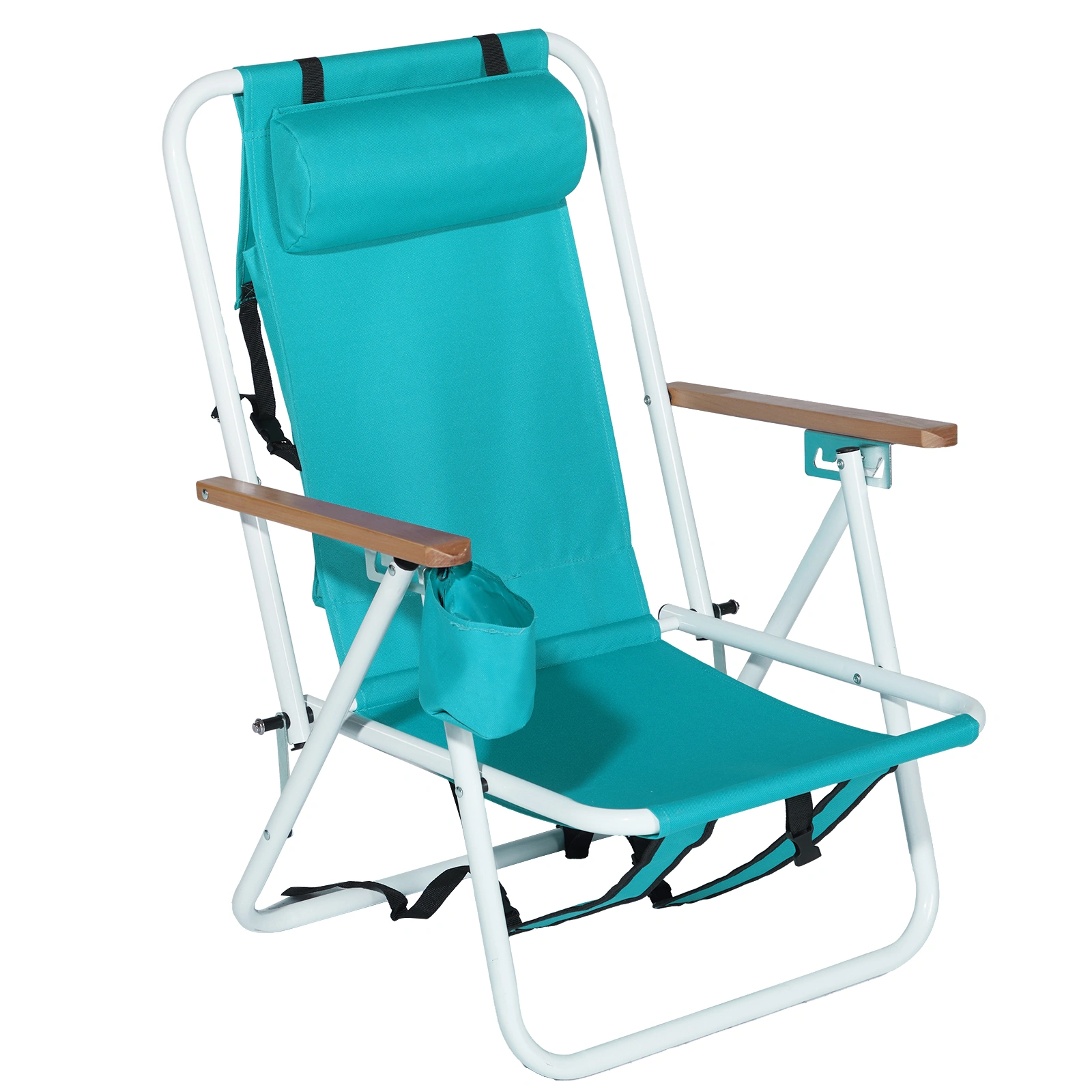 Folding Beach Chair Set of 2 for Adults, 4 Position Portable Backpack Foldable Camping Chair with Headrest Cup Holder and Wooden Armrests, Green view 18