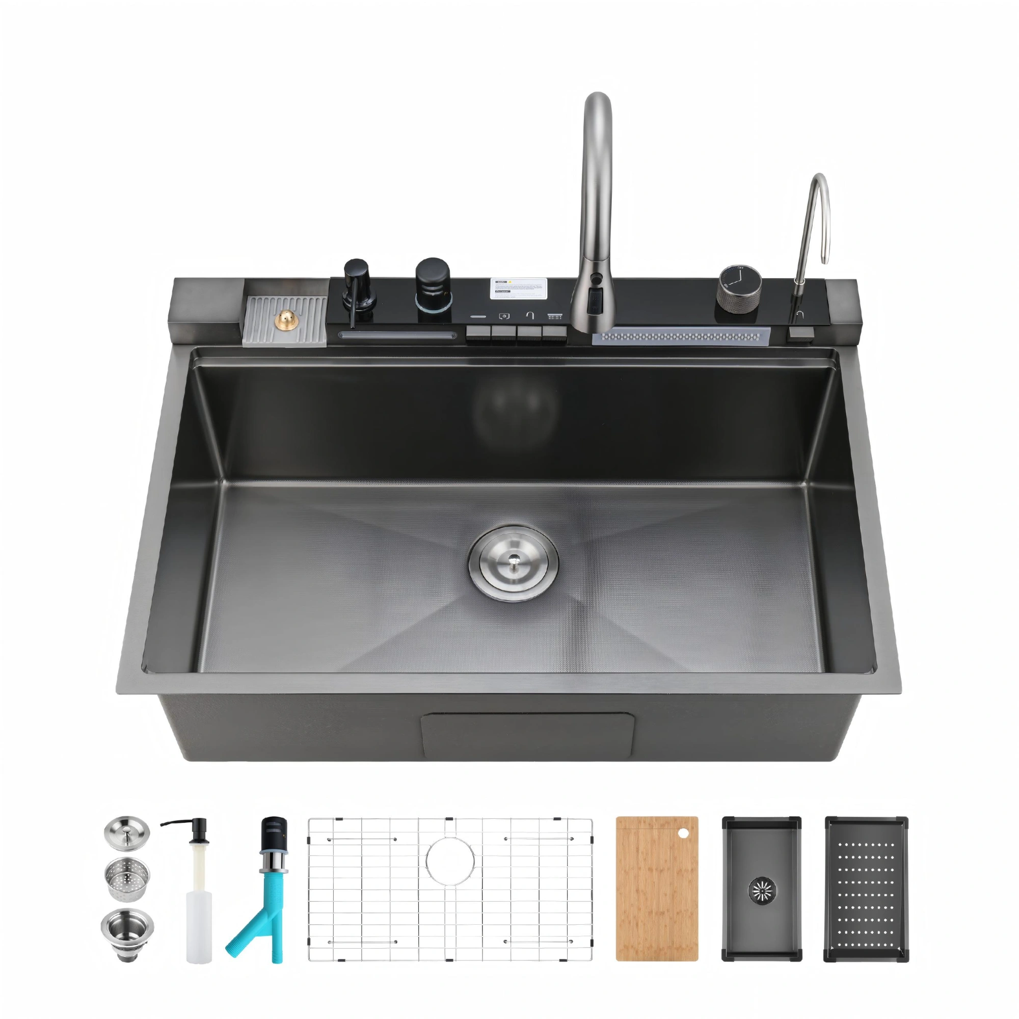 304 Stainless Steel Pull-Out Kitchen Sink 33"x22" Single Bowl Sink Black Whale Waterfall Dishwasher Accessories Sink