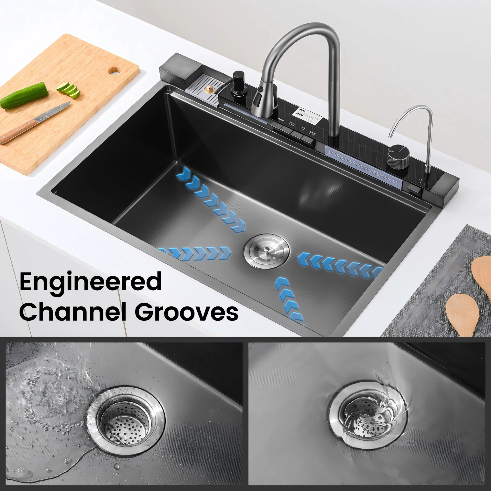 304 Stainless Steel Pull-Out Kitchen Sink 33"x22" Single Bowl Sink Black Whale Waterfall Dishwasher Accessories Sink view 10