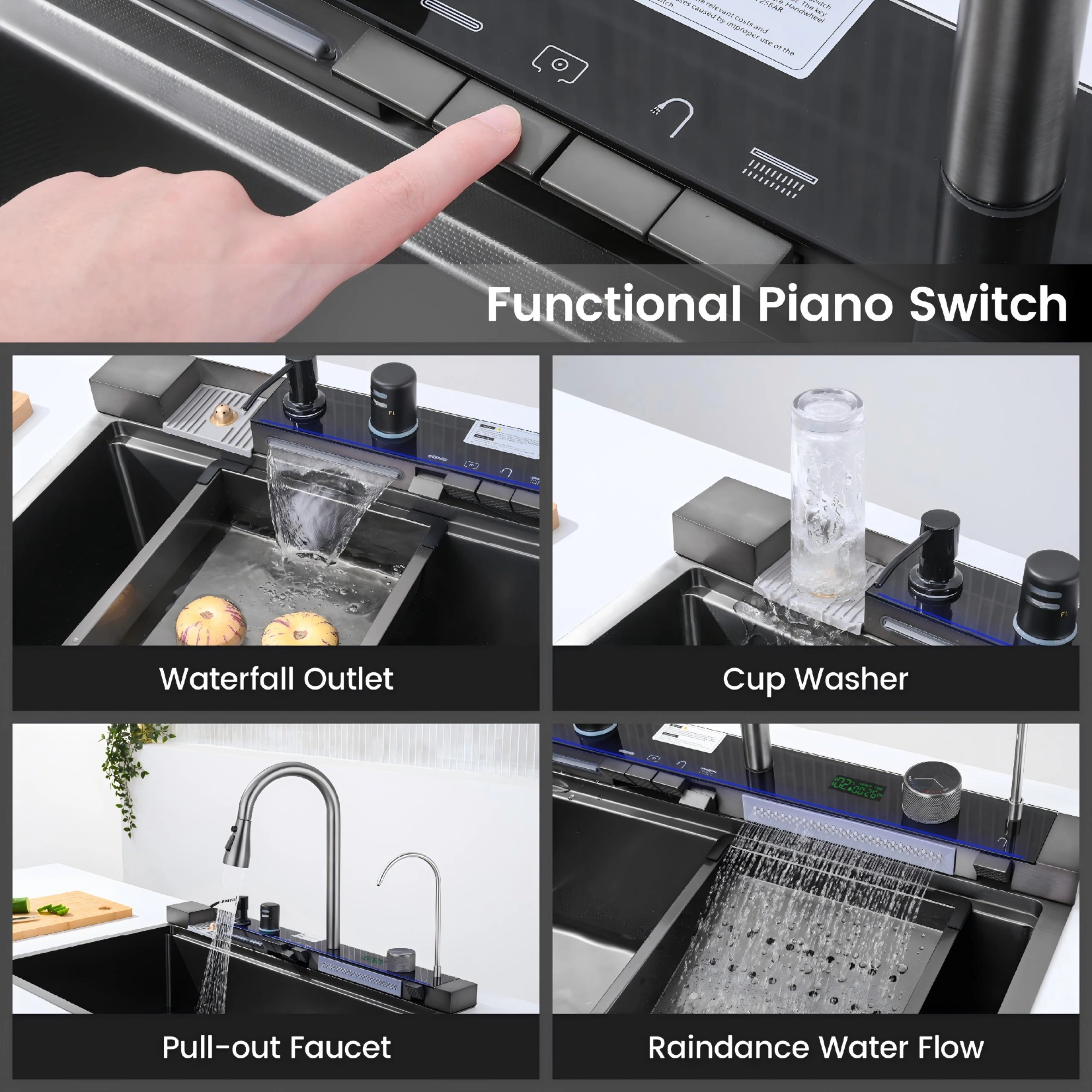 304 Stainless Steel Pull-Out Kitchen Sink 33"x22" Single Bowl Sink Black Whale Waterfall Dishwasher Accessories Sink view 11