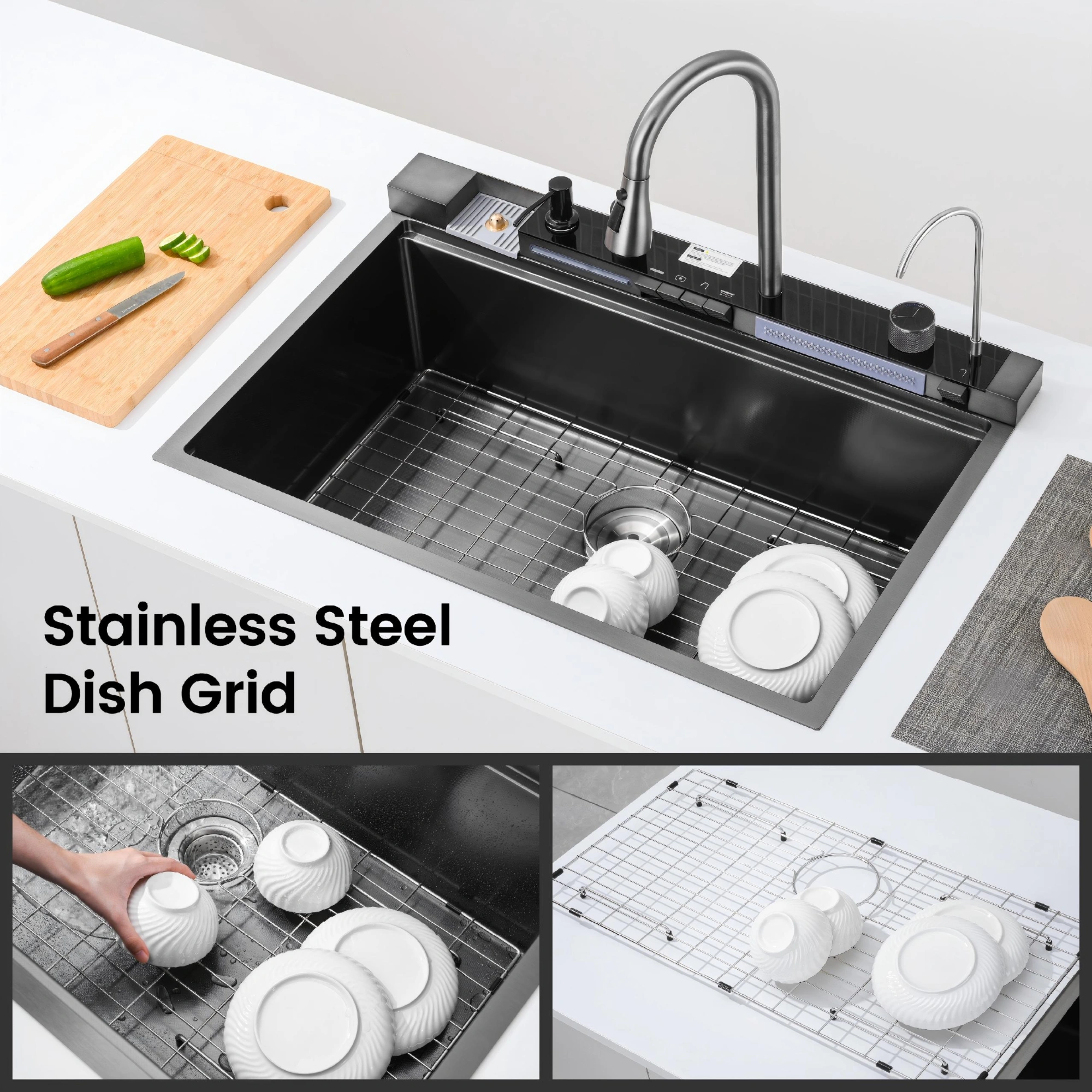 304 Stainless Steel Pull-Out Kitchen Sink 33"x22" Single Bowl Sink Black Whale Waterfall Dishwasher Accessories Sink view 12