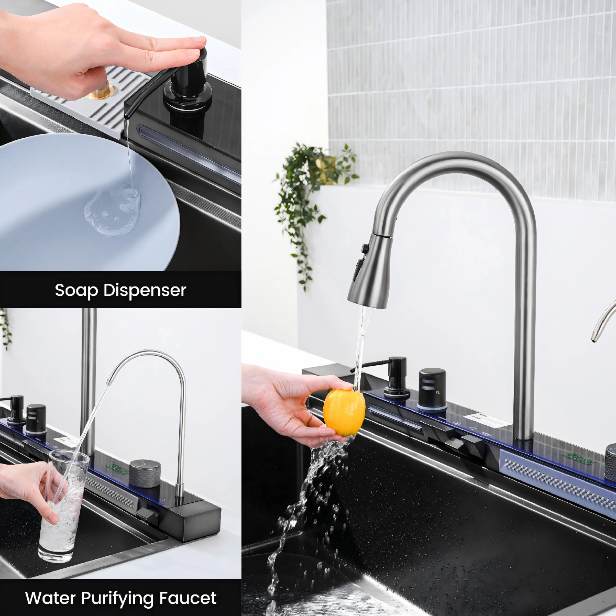 304 Stainless Steel Pull-Out Kitchen Sink 33"x22" Single Bowl Sink Black Whale Waterfall Dishwasher Accessories Sink view 13