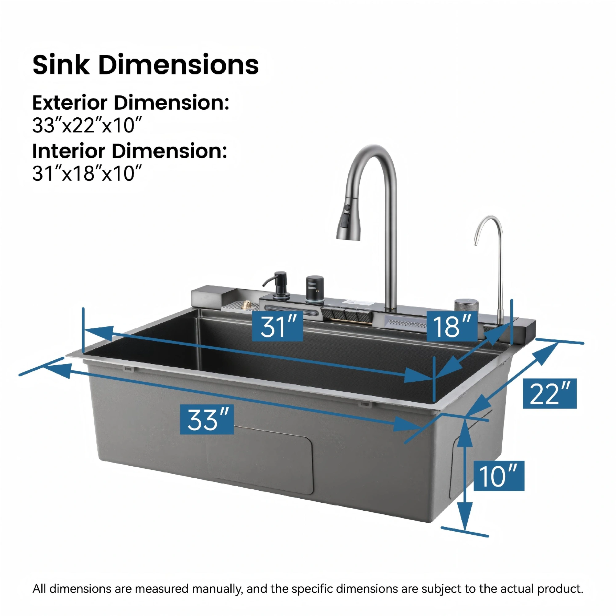 304 Stainless Steel Pull-Out Kitchen Sink 33"x22" Single Bowl Sink Black Whale Waterfall Dishwasher Accessories Sink view 4