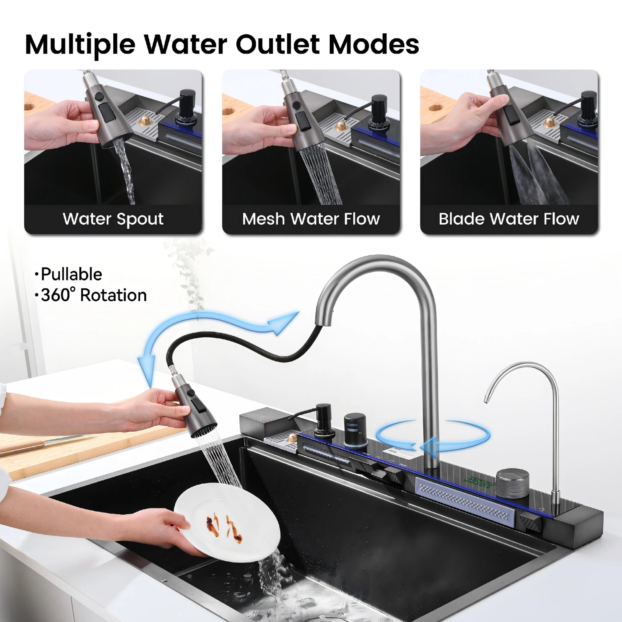 304 Stainless Steel Pull-Out Kitchen Sink 33"x22" Single Bowl Sink Black Whale Waterfall Dishwasher Accessories Sink view 5