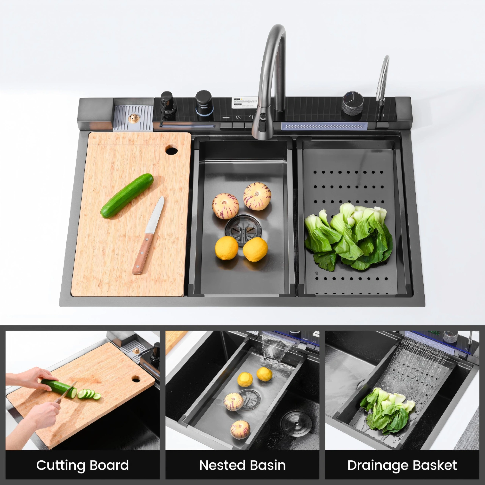 304 Stainless Steel Pull-Out Kitchen Sink 33"x22" Single Bowl Sink Black Whale Waterfall Dishwasher Accessories Sink view 8