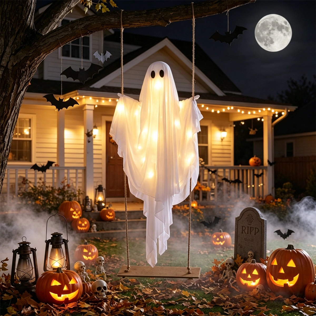 5FT Hanging Swing Ghost Halloween Decor, Warm White LED Light String 16.4FT with Remote, Adjustable Height Outdoor Halloween Yard Ornament view 10