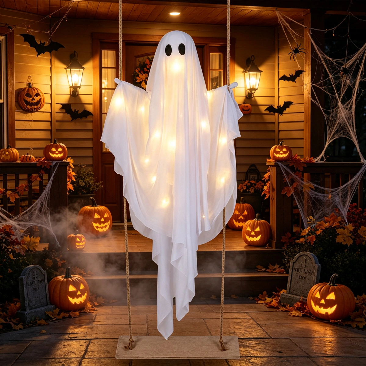 5FT Hanging Swing Ghost Halloween Decor, Warm White LED Light String 16.4FT with Remote, Adjustable Height Outdoor Halloween Yard Ornament view 2