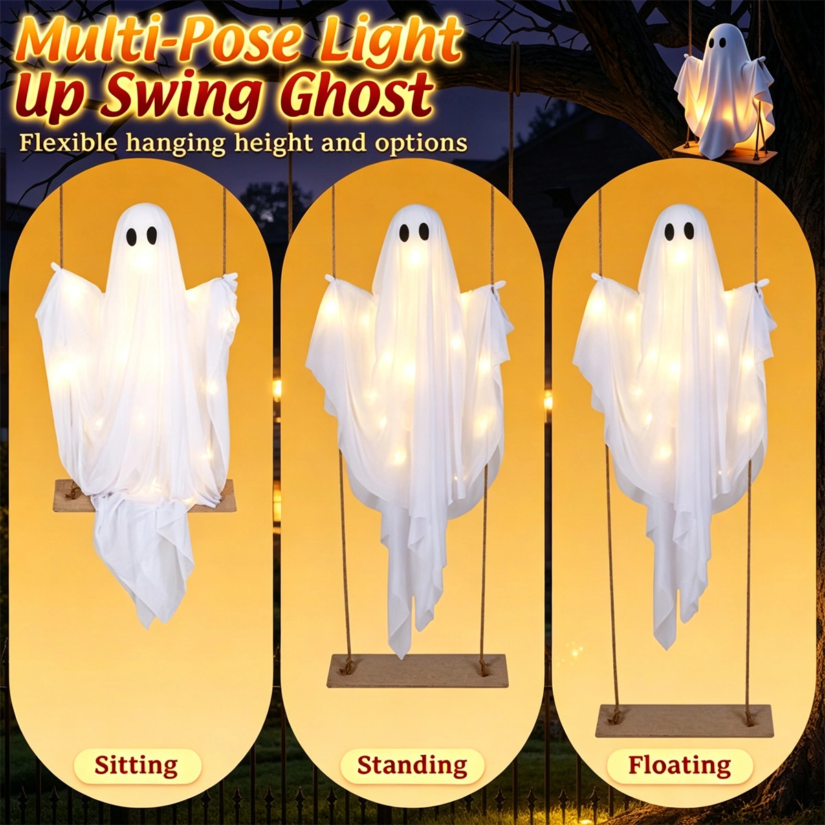 5FT Hanging Swing Ghost Halloween Decor, Warm White LED Light String 16.4FT with Remote, Adjustable Height Outdoor Halloween Yard Ornament view 7