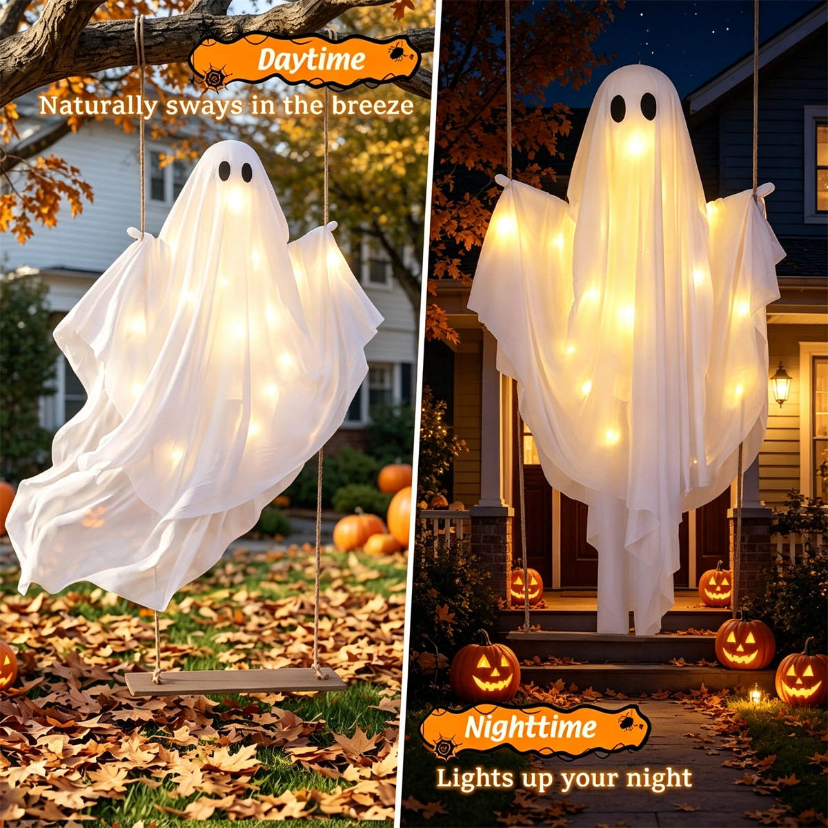 5FT Hanging Swing Ghost Halloween Decor, Warm White LED Light String 16.4FT with Remote, Adjustable Height Outdoor Halloween Yard Ornament view 9