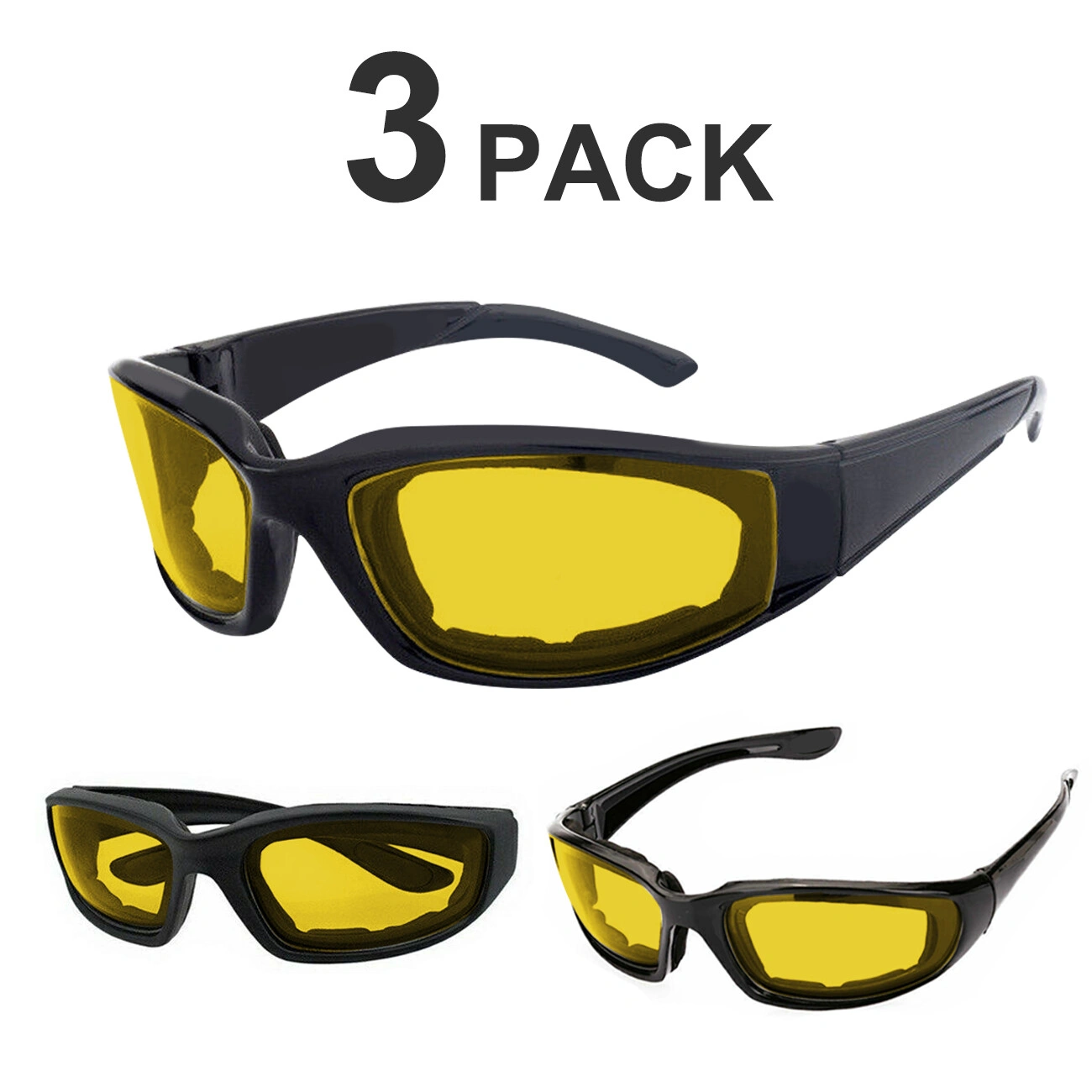 3 Pairs Motorcycle Sports Biker Riding Glasses Wind Resistant Eye Protection Sports Goggles Cycling Sunglasses Yellow