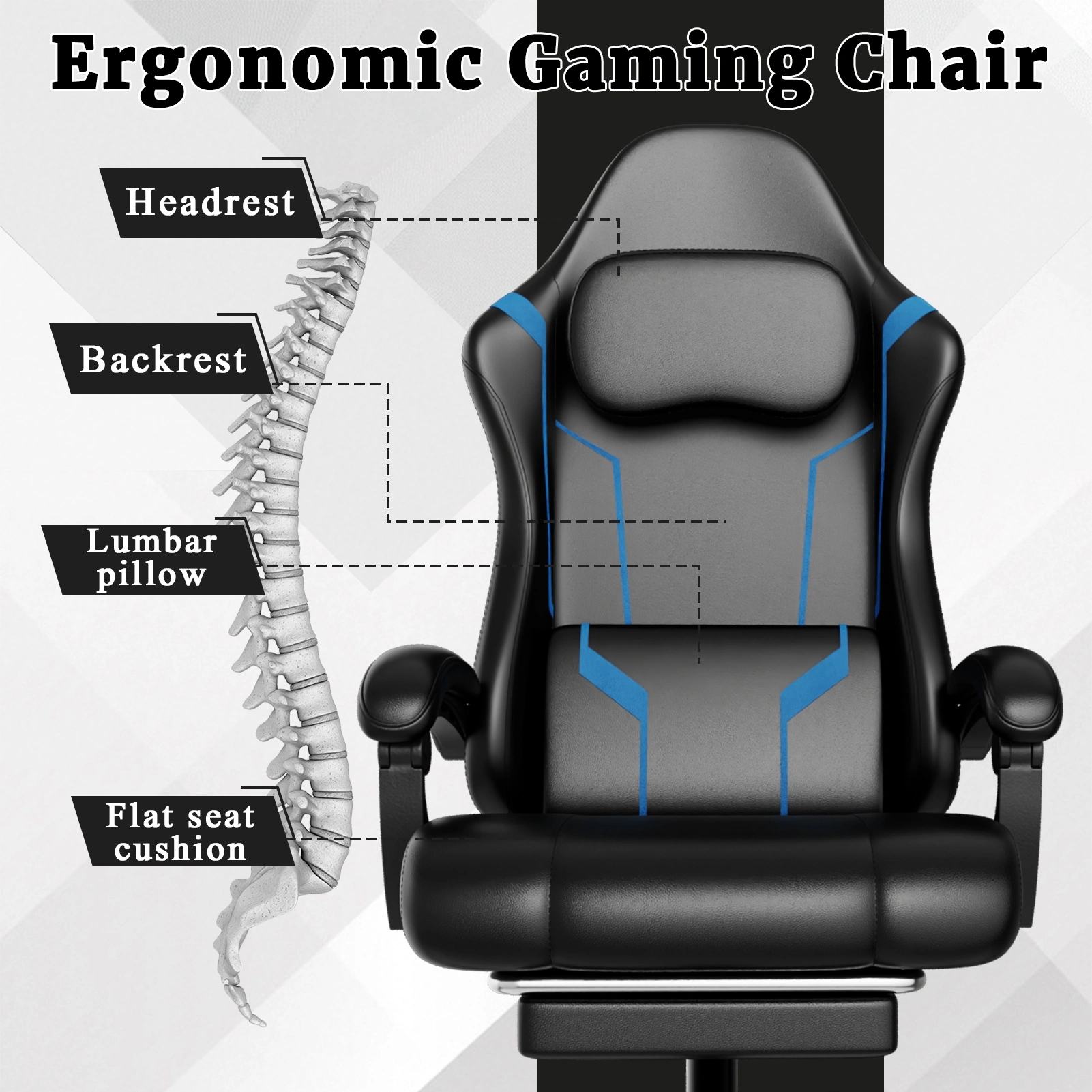 Ergonomic Gaming Chair with Pocket Spring Cushion & Footrest, Height Adjustable Swivel Computer Chair, High Back Video Game Chair with Headrest for Adults view 5