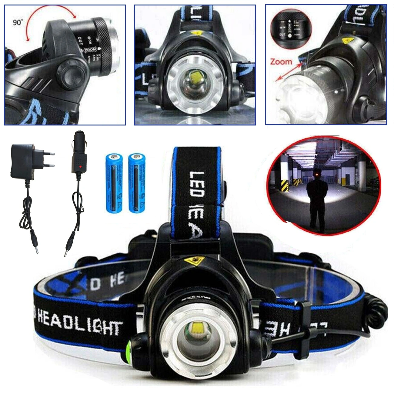 Rechargeable LED Headlamp, Camping Hiking Head Torch, Work Light with Battery and Charger Included, Adjustable Head Light