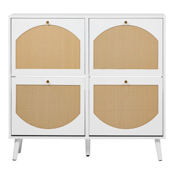 2 rows of 4 dump buckets with high-leg arched rattan shoe cabinet, particle board + plastic rattan, 105*24*98cm, white frame + original wood rattan surface + white high legs view 2
