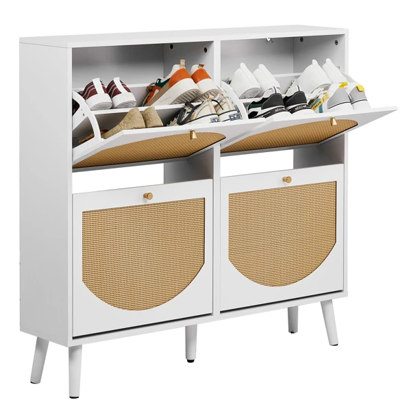 2 rows of 4 dump buckets with high-leg arched rattan shoe cabinet, particle board + plastic rattan, 105*24*98cm, white frame + original wood rattan surface + white high legs view 3