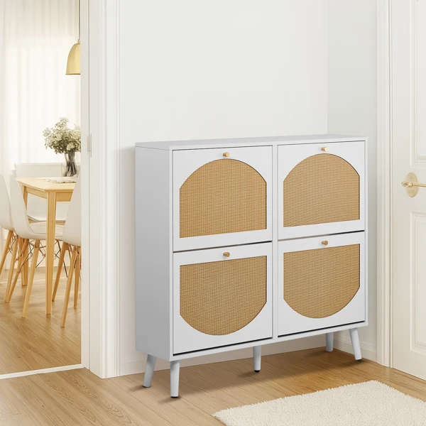 2 rows of 4 dump buckets with high-leg arched rattan shoe cabinet, particle board + plastic rattan, 105*24*98cm, white frame + original wood rattan surface + white high legs view 4